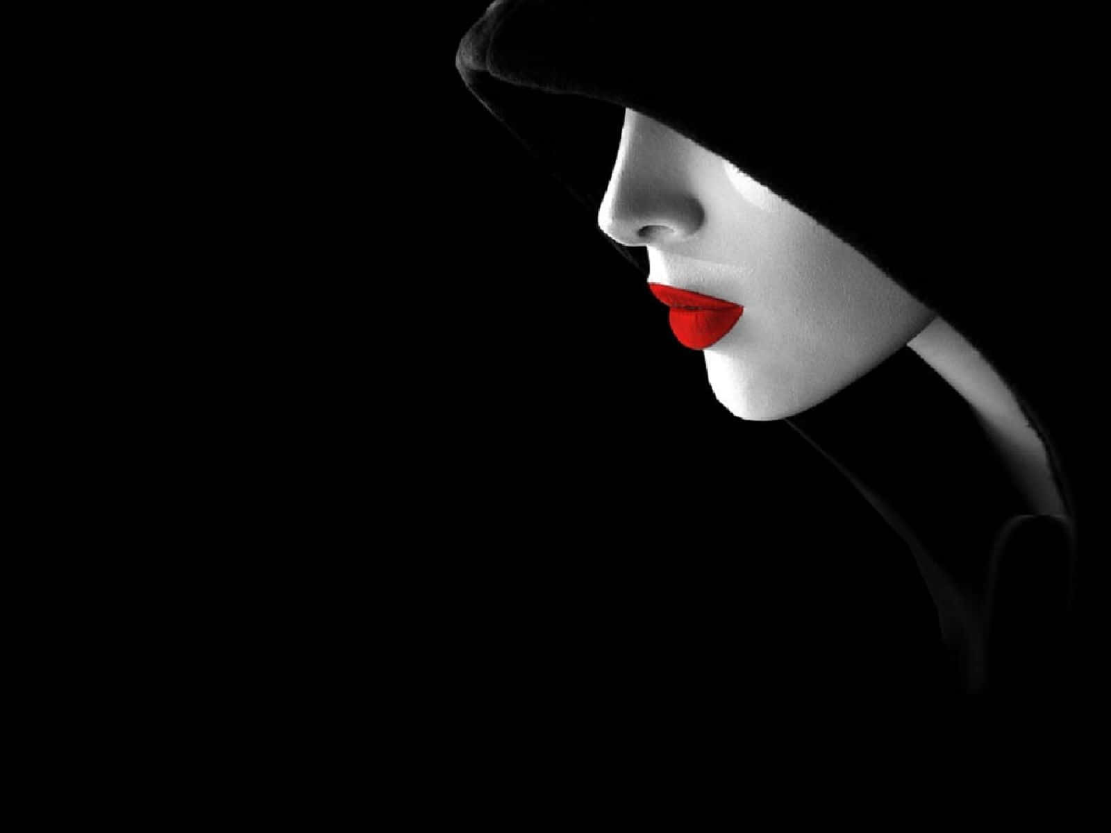 red lips, dark hooded cloak, black and white contrast, HD Desktop Wallpaper