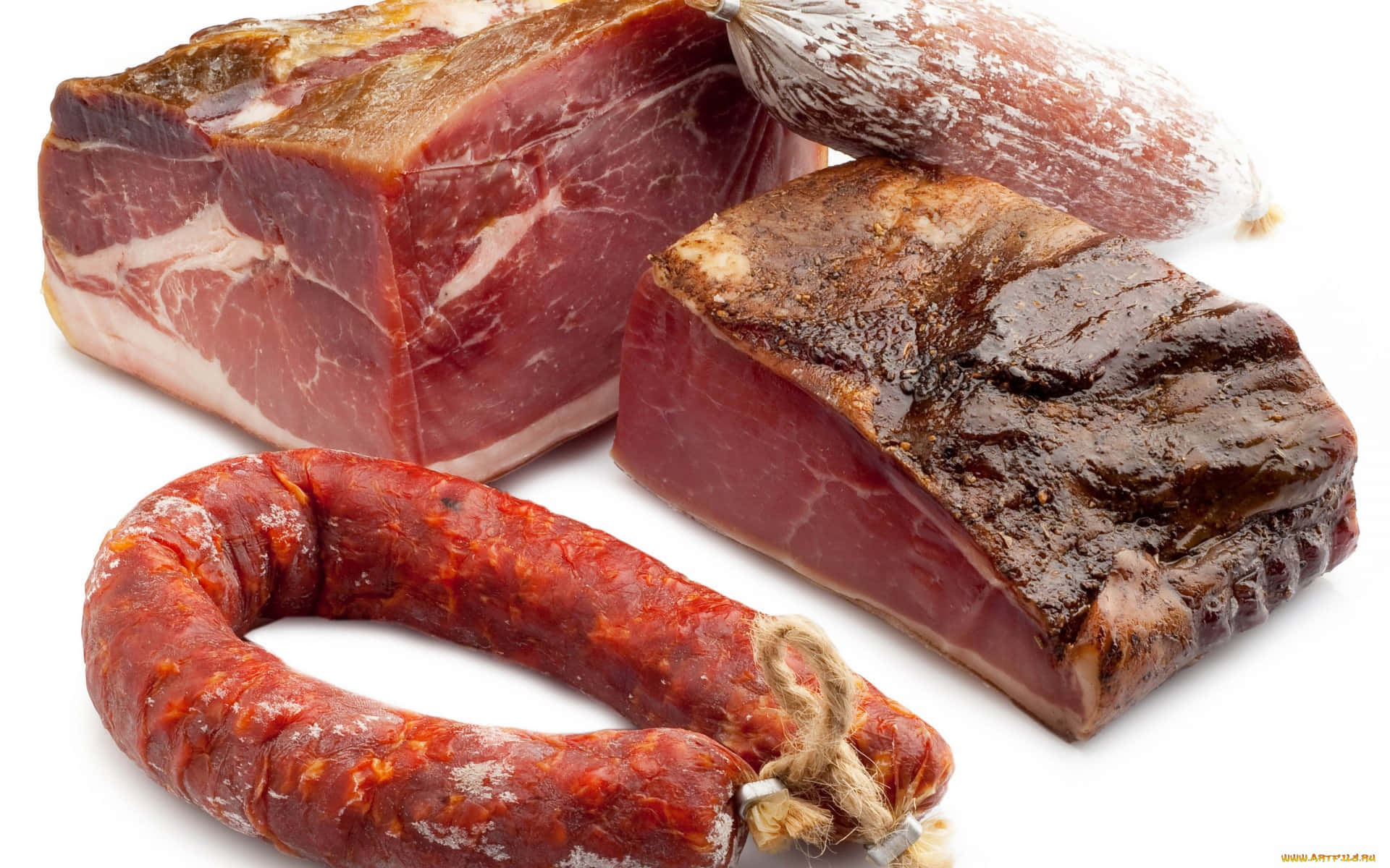Red Meat, ham slices, coiled sausage, Full HD Desktop Wallpaper