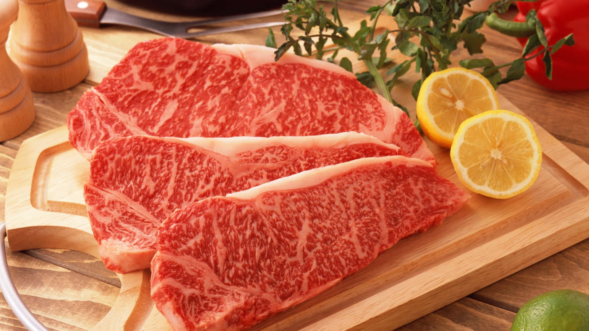 Red Meat, marbled beef steaks, wooden cutting board, Full HD Desktop Wallpaper