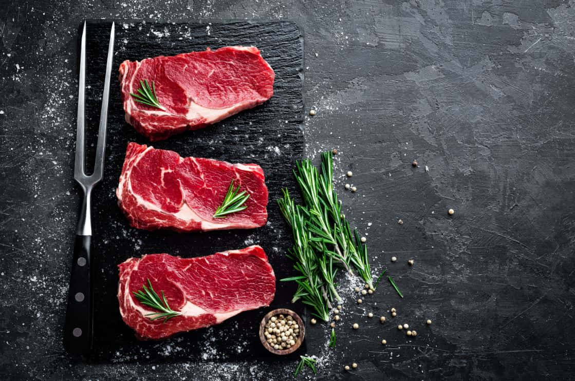 Red Meat, wooden table, dark slate board, SD Desktop Wallpaper