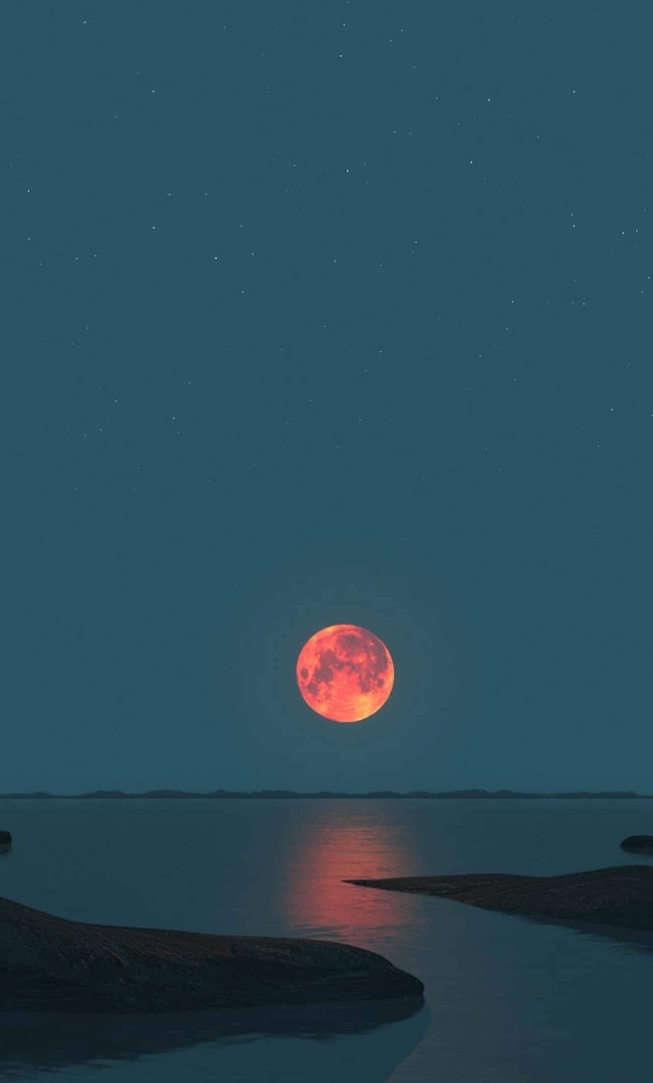 Red Moon, starry night sky, calm water, Full HD Phone Wallpaper