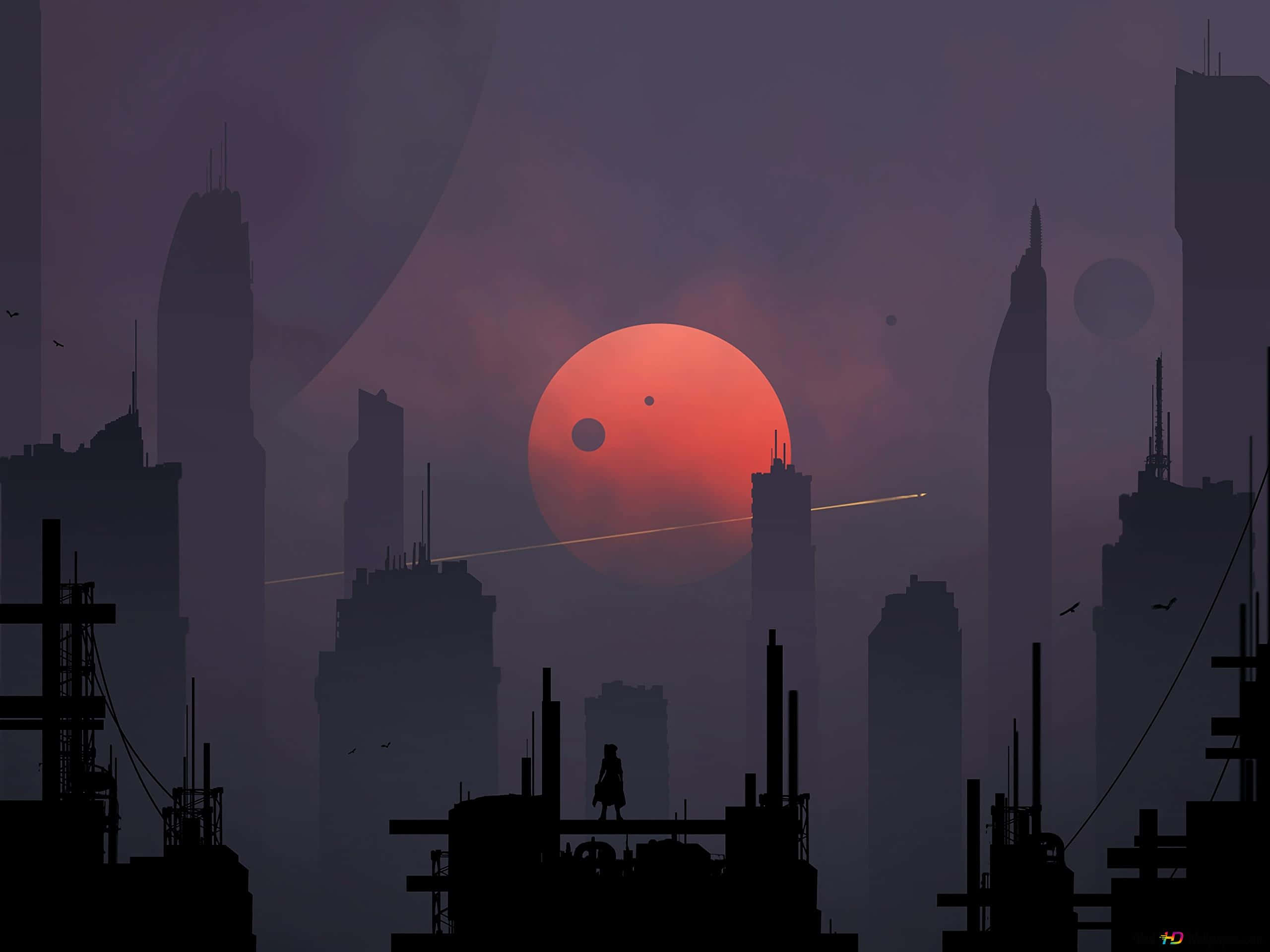 Red Moon, cityscape, silhouette, 2K Desktop Wallpaper