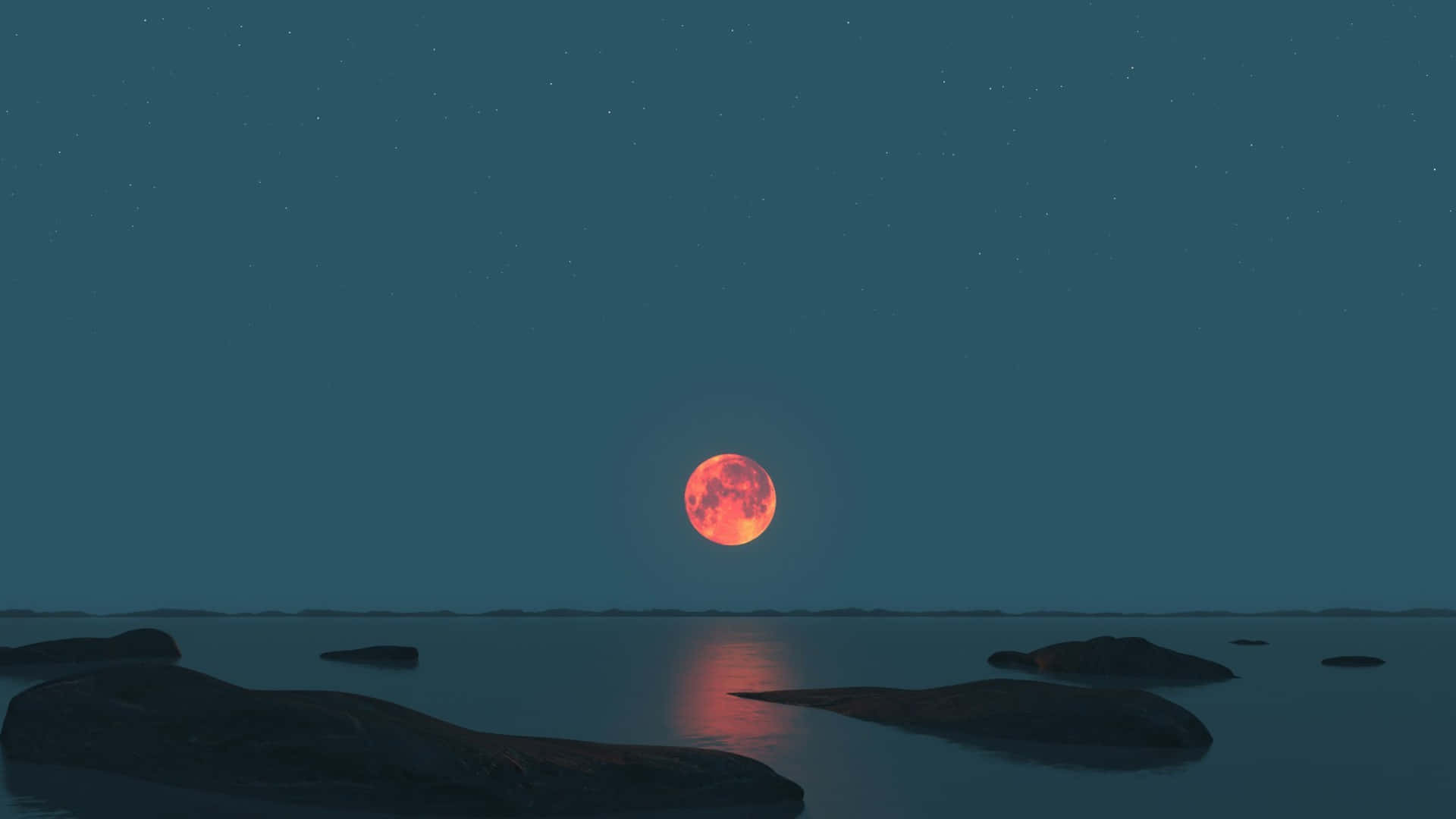 Red Moon, calm sea, dark rocks, Full HD Desktop Wallpaper