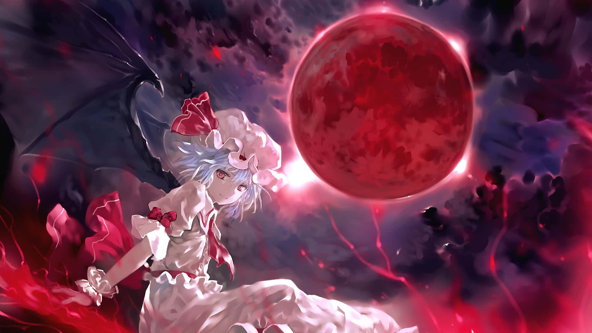 Red Moon, anime girl, white hair, Full HD Desktop Wallpaper