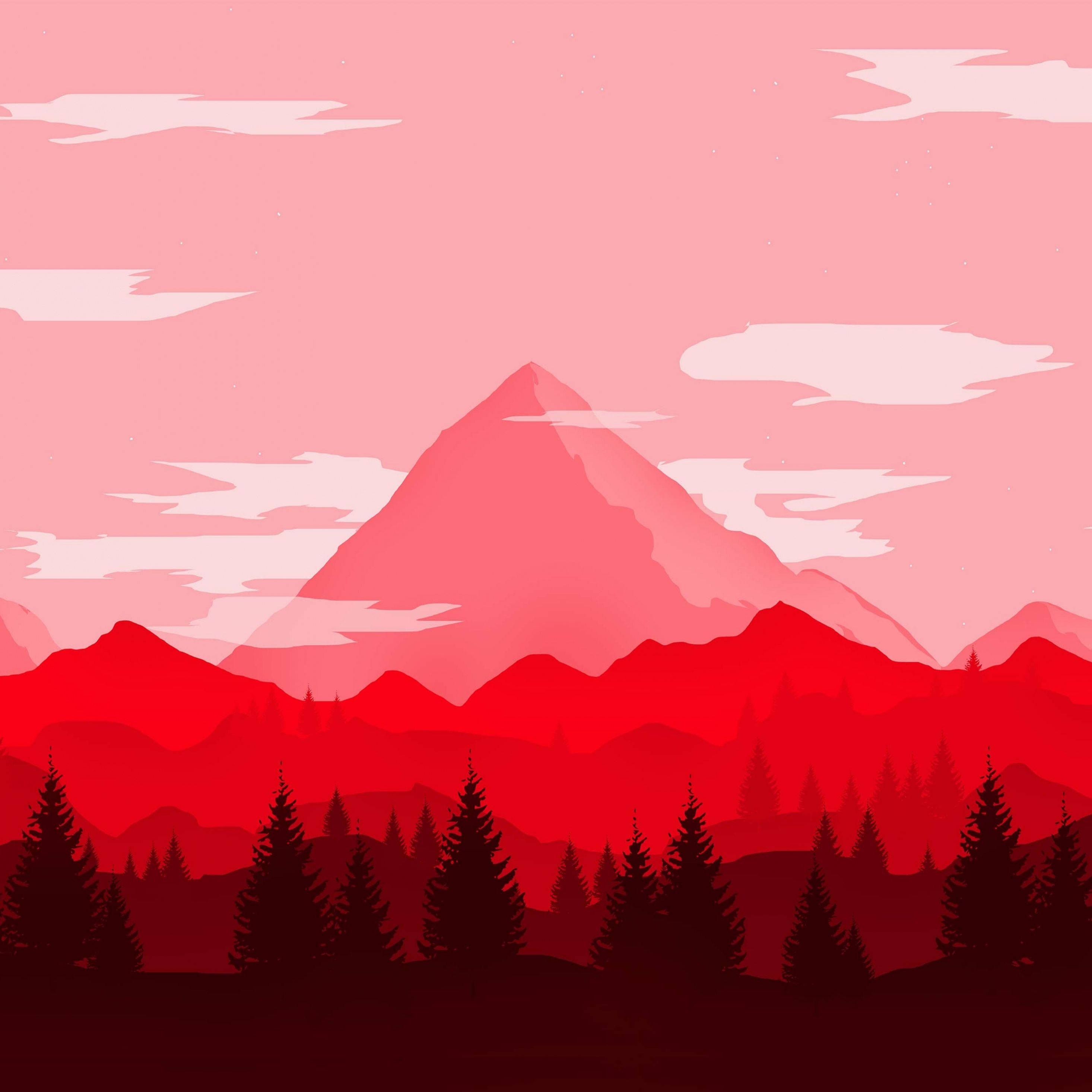 Red Mountain, pink and red hues, silhouetted pine trees, 2K Desktop Wallpaper