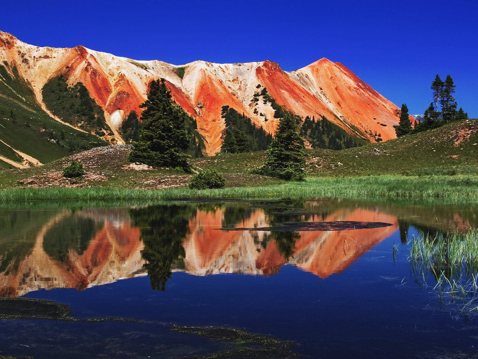 Red Mountain, lake, calm blue lake, HD Desktop Wallpaper