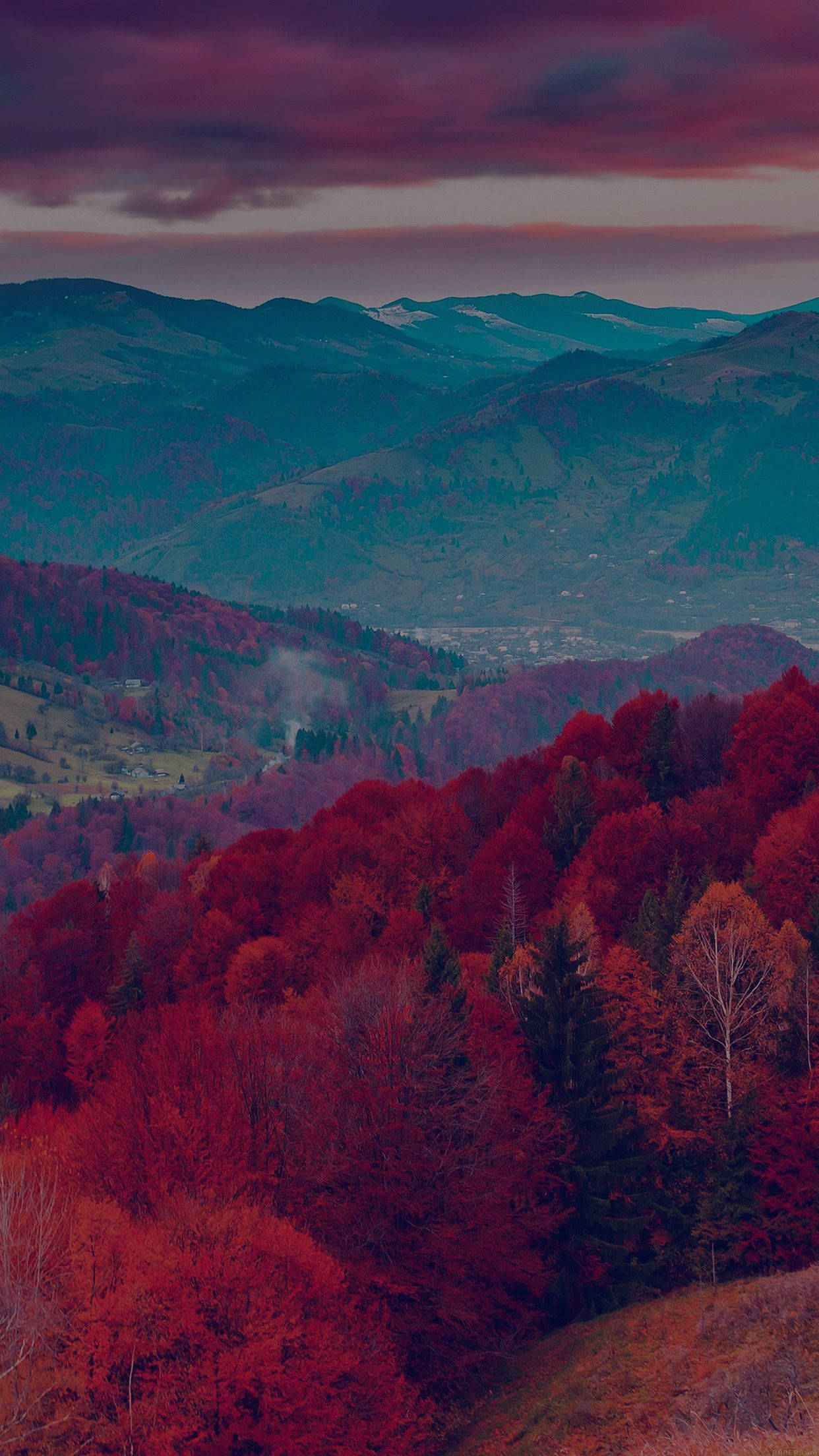 Red Mountain, vibrant red forests, rolling hills, Full HD Phone Wallpaper