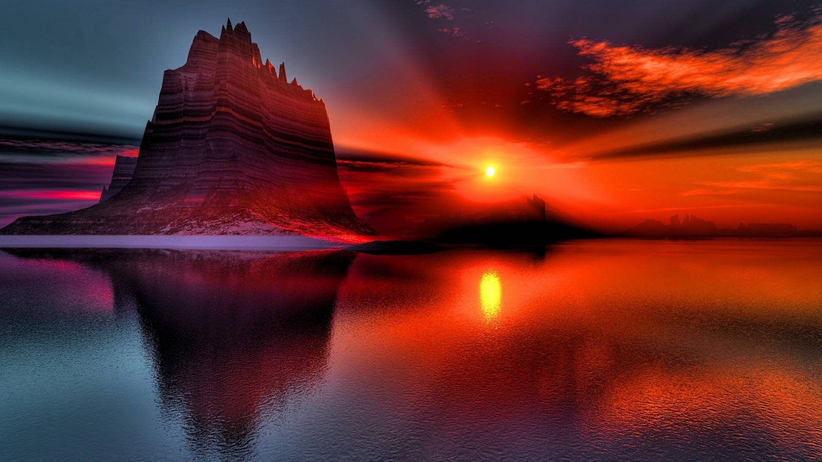 Red Mountain, fiery sunset, calm waters, HD Desktop Wallpaper