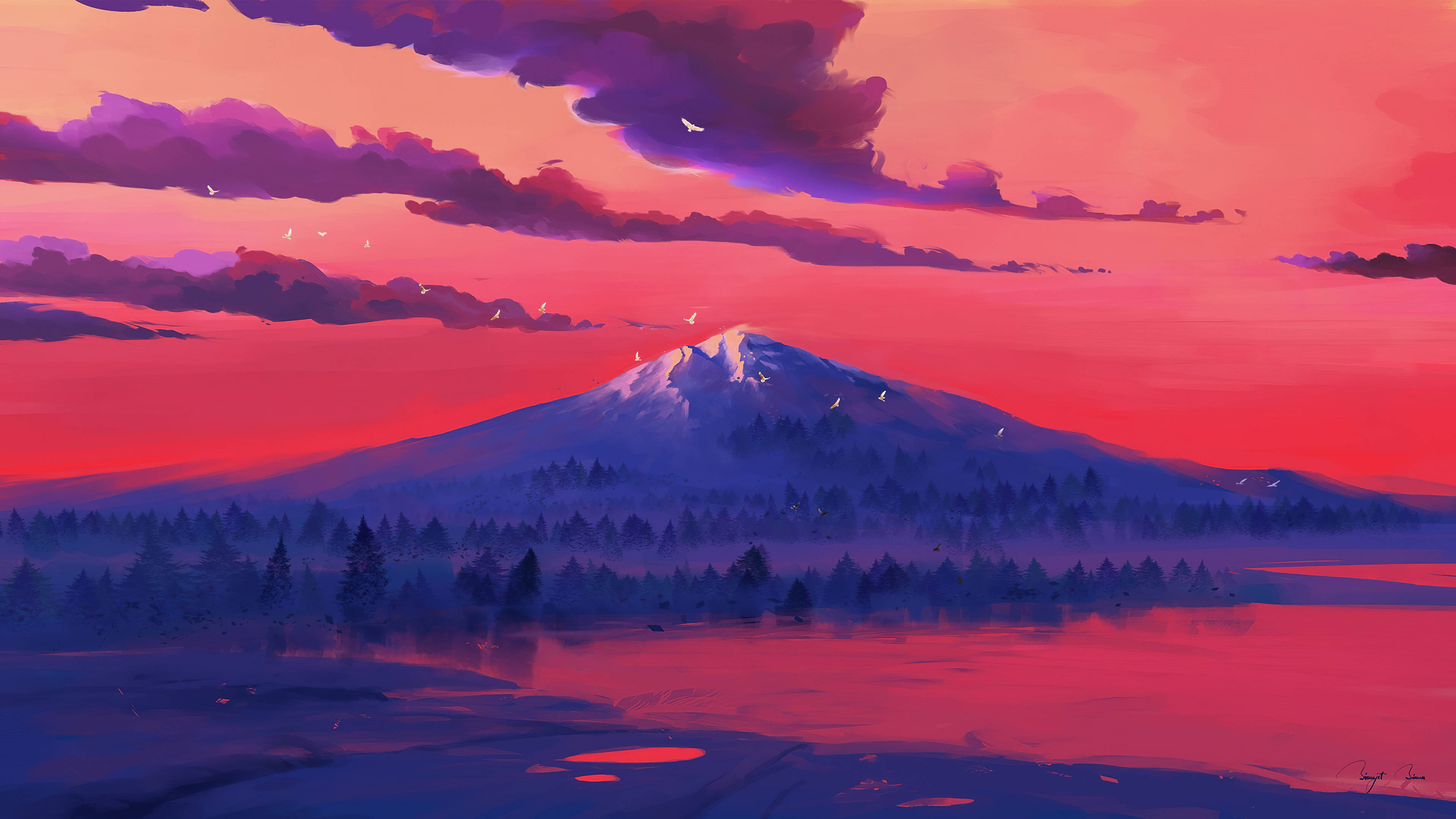 Red Mountain, fiery pink and purple sunset sky, snow-capped mountain, 4K Desktop Wallpaper