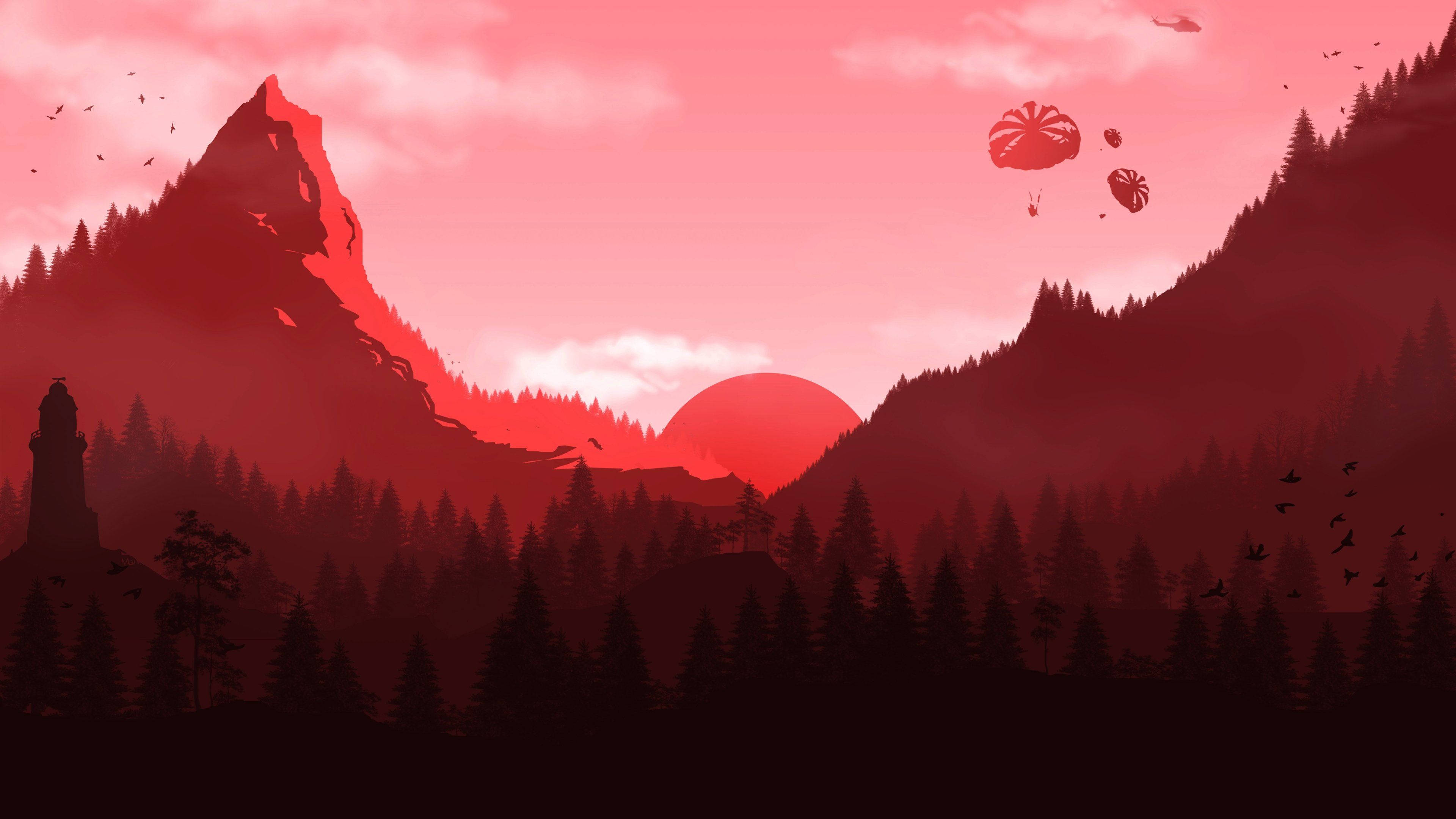 Red Mountain, blood red sunset, parachutes, 4K Desktop Wallpaper
