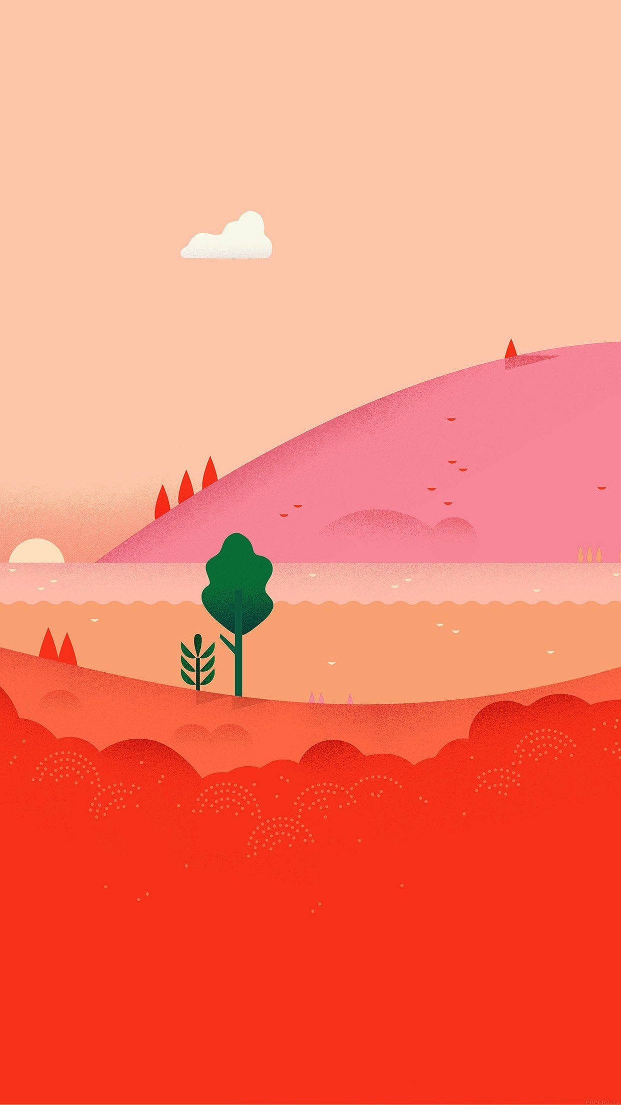 Red Mountain, green tree, red terrain, Full HD Phone Wallpaper