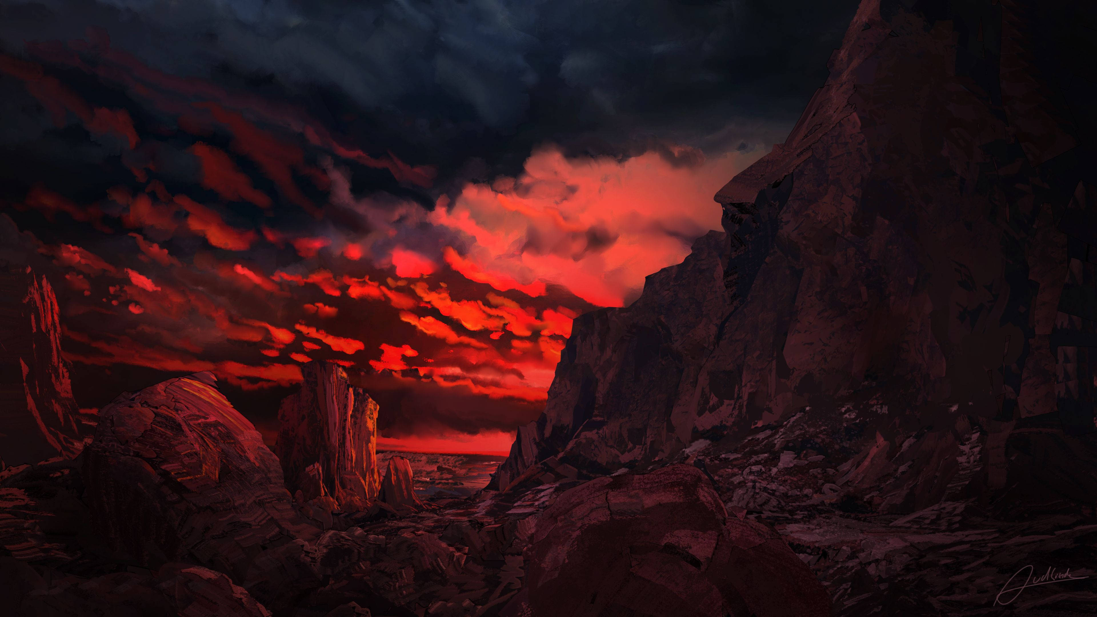 Red Mountain, sunset, fiery red and black stormy sky, 4K Desktop Wallpaper