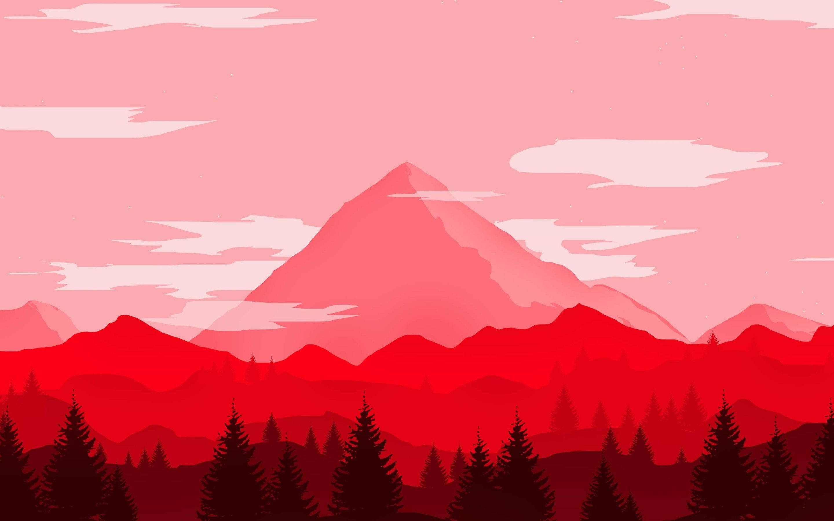 Red Mountain, pink sky, silhouetted pine trees, 2K Desktop Wallpaper