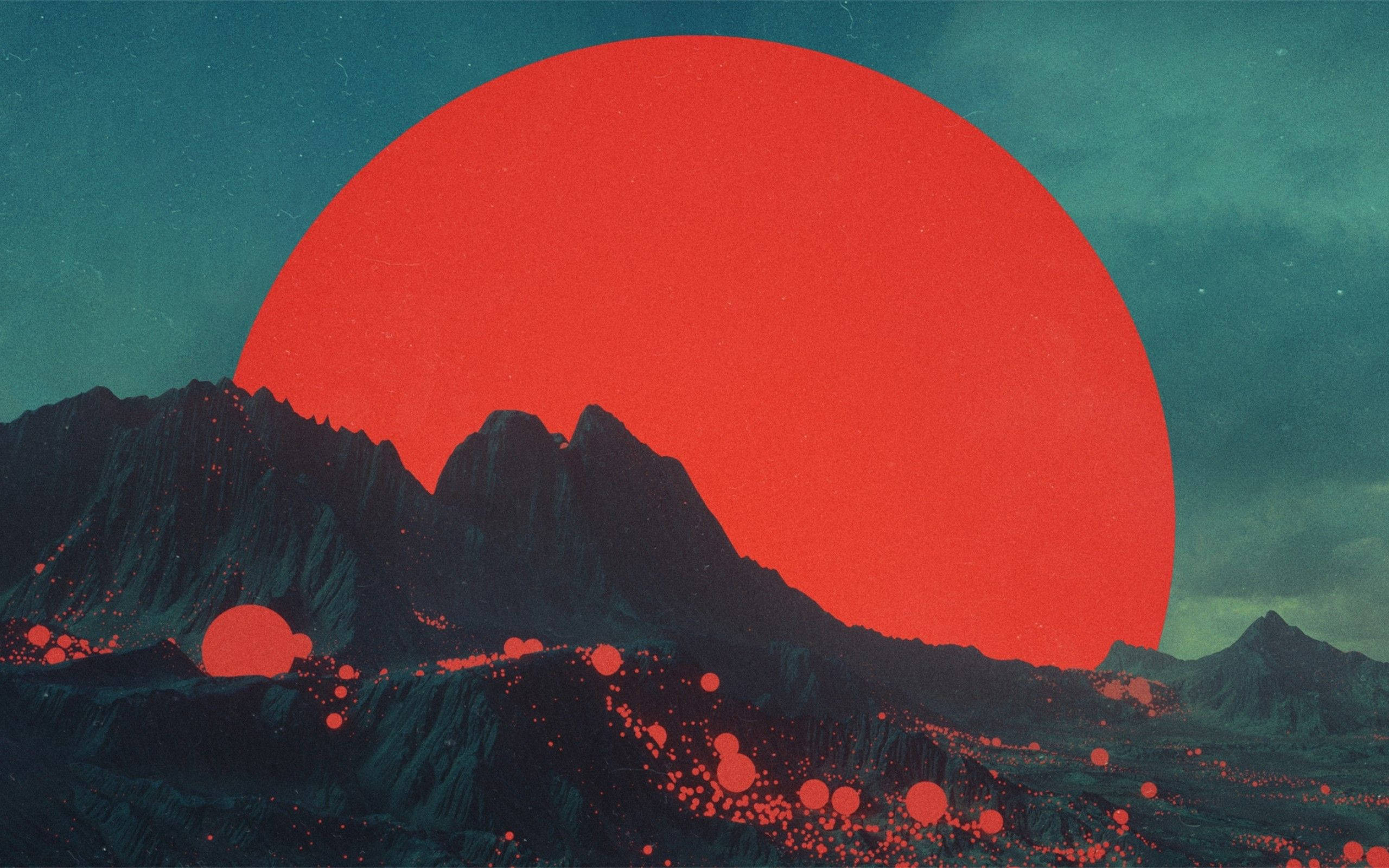 Red Mountain, moon, red sun, 2K Desktop Wallpaper