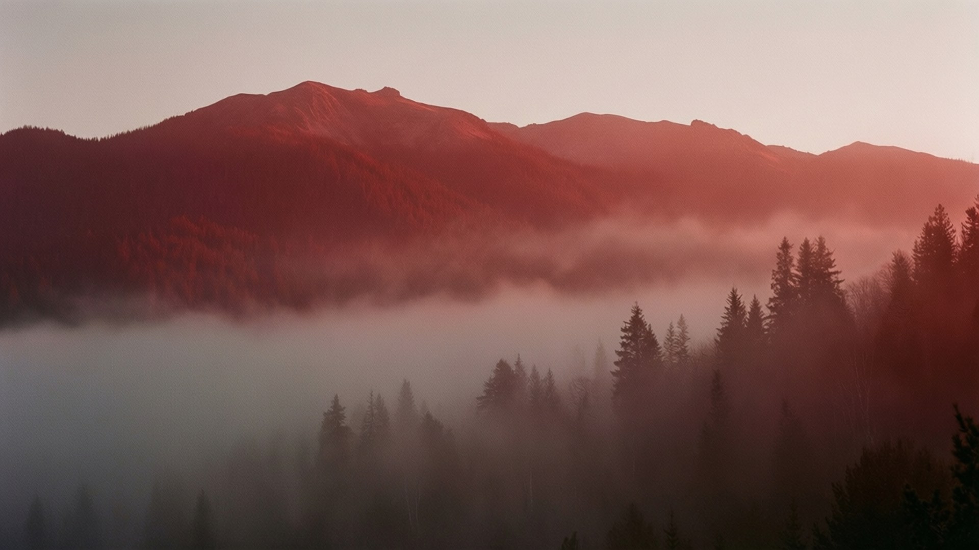 Misty Red Mountain Dawn, sunrise, warm red glow, Full HD Desktop Wallpaper