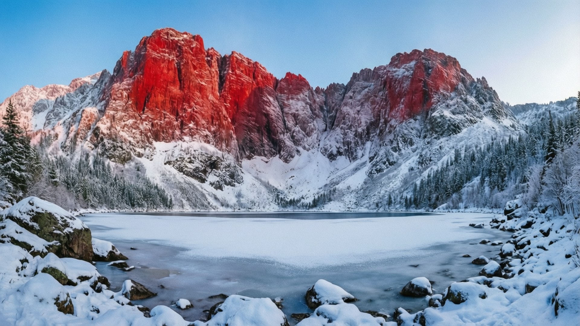 Snowy Red Mountain, frozen lake, snow-dusted mountains, Full HD Desktop Wallpaper