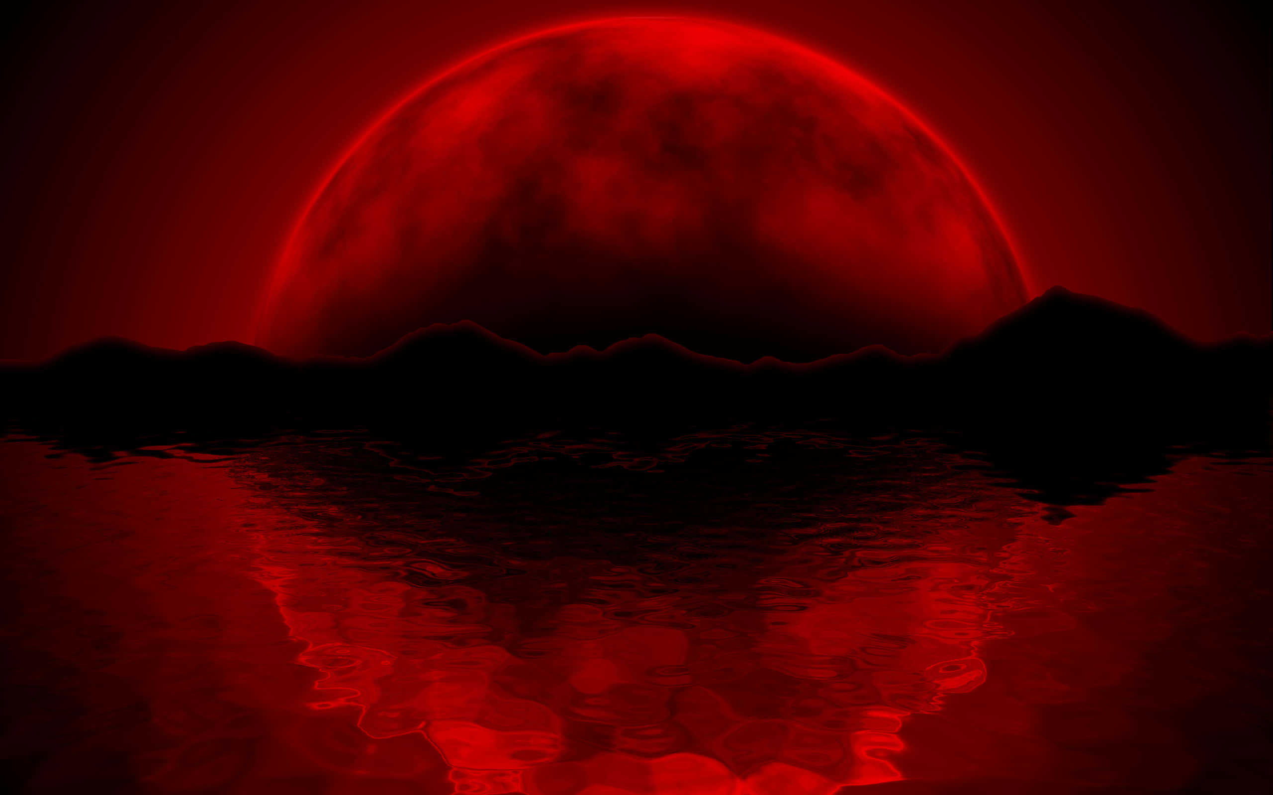 Red Pc, blood red moon, dark silhouetted mountains, 2K Desktop Wallpaper