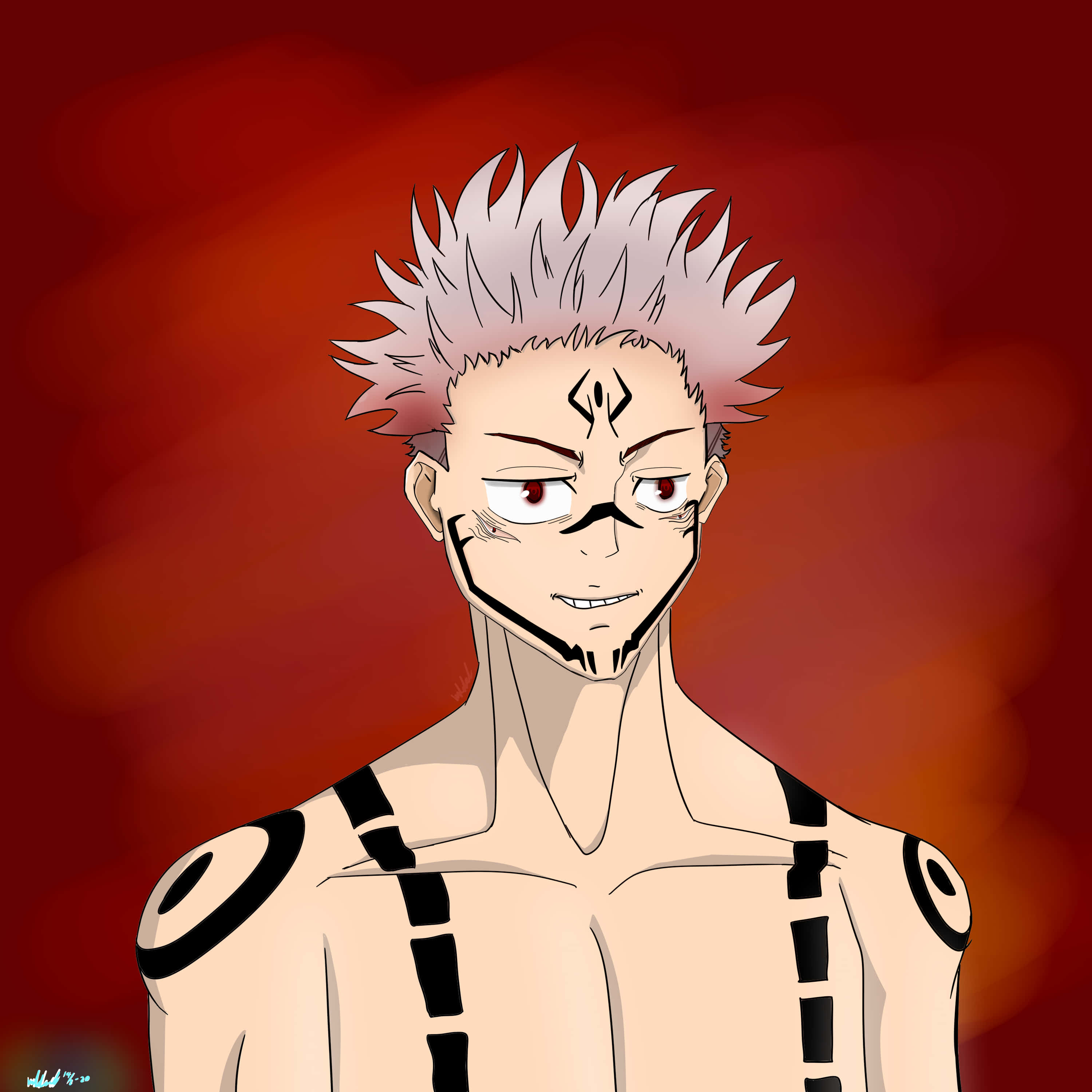 spiky-haired anime character, red eyes, black markings, 2K Desktop Wallpaper