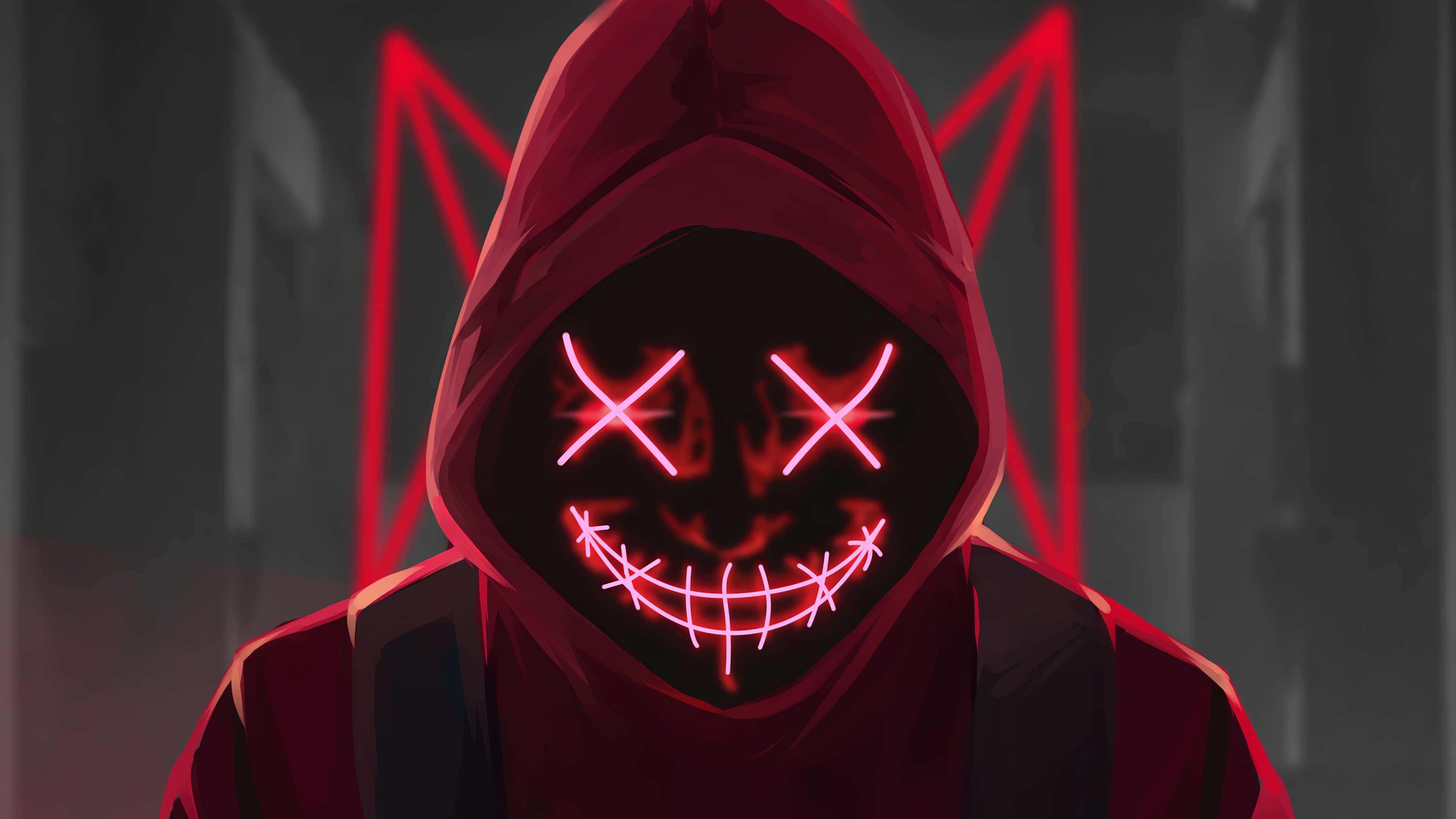 Neon Face Red PFP, red hoodie, glowing pink X eyes, 4K Desktop Wallpaper