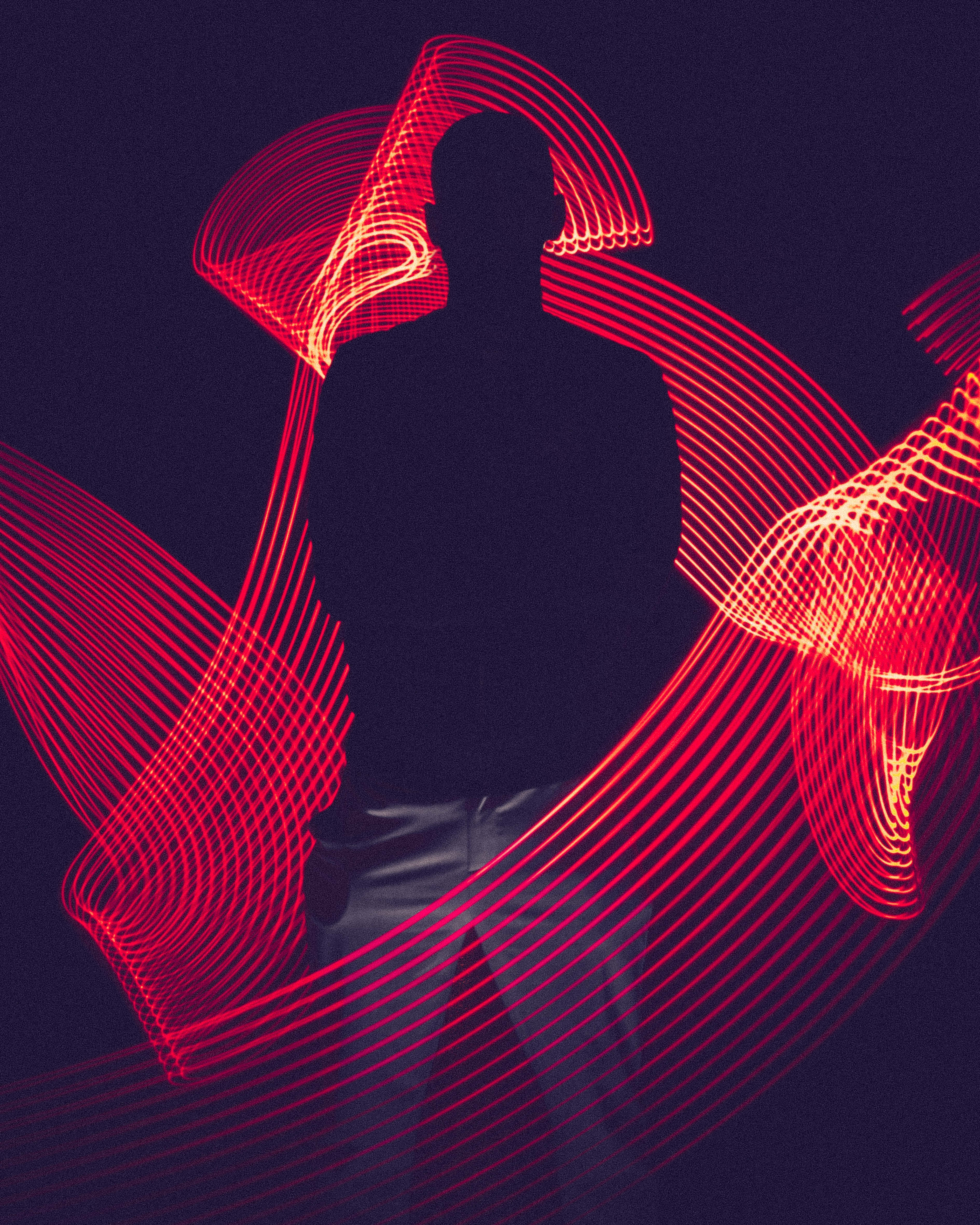 wavy lines, red light trails, silhouette, 4K Phone Wallpaper