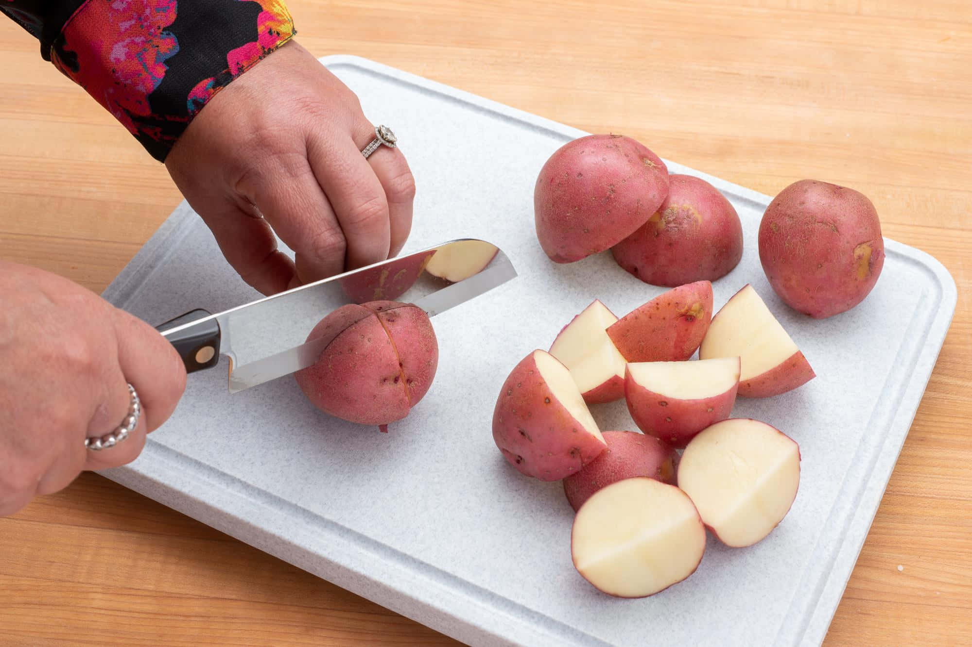 red potatoes, hands, white cutting board, Full HD Desktop Wallpaper