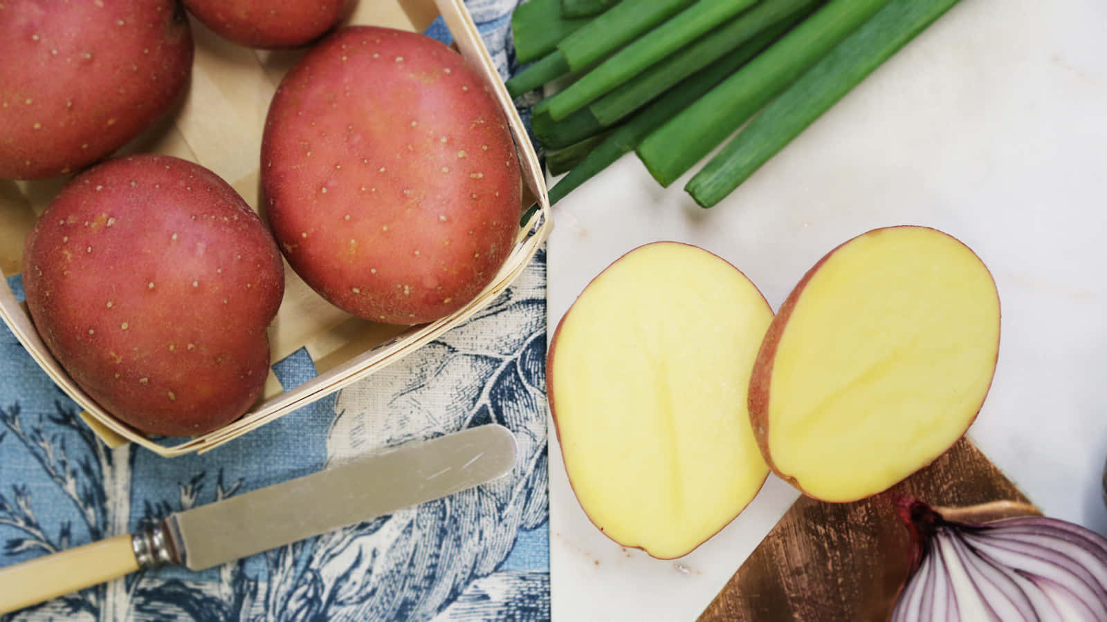red potatoes, basket, marble surface, HD Desktop Wallpaper