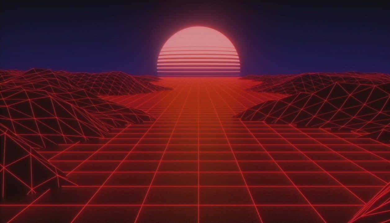 Red Retro 80s Aesthetic, glowing red grid, striped sunset, SD Desktop Wallpaper