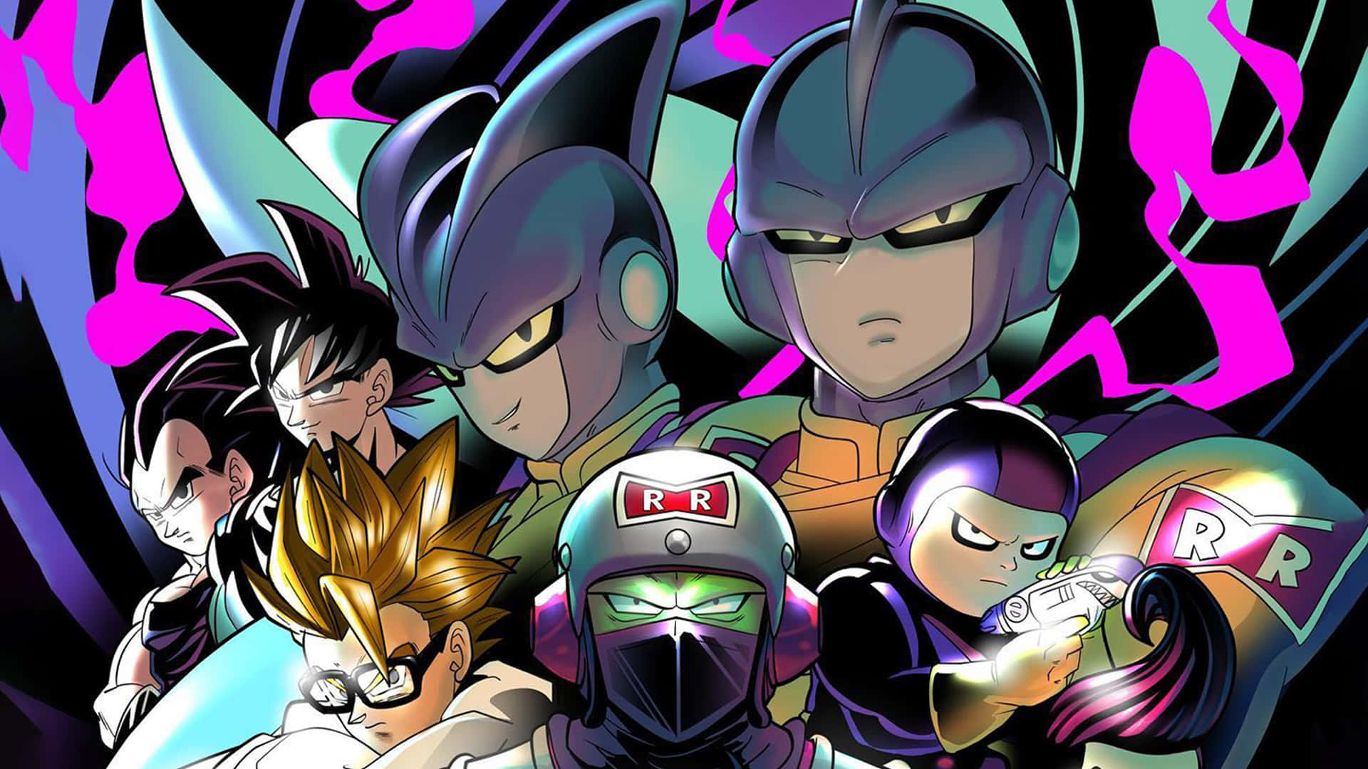 Red Ribbon Army, glowing eyes, vibrant purple pink and teal energy bursts, Full HD Desktop Wallpaper