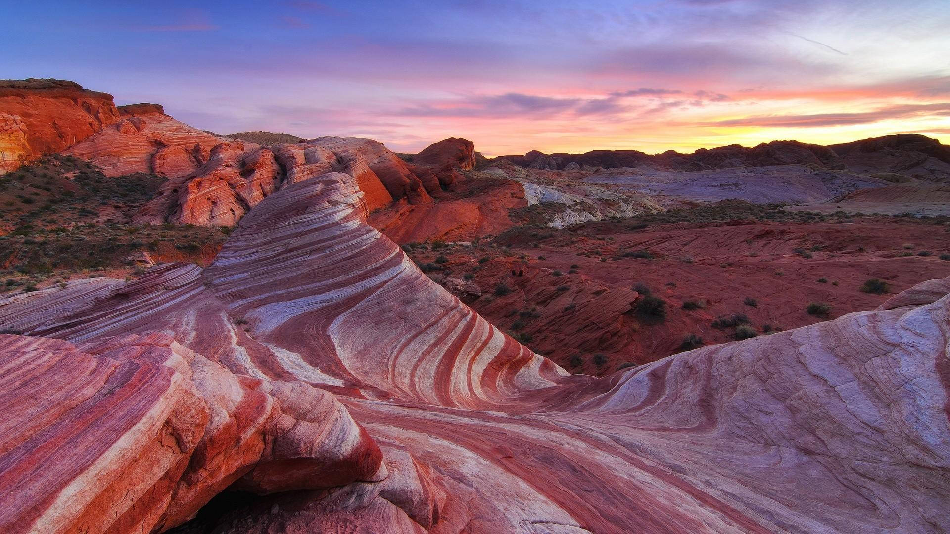 Red Rock Fire Wave, sunset, wavy striped red rock formations, Full HD Desktop Wallpaper