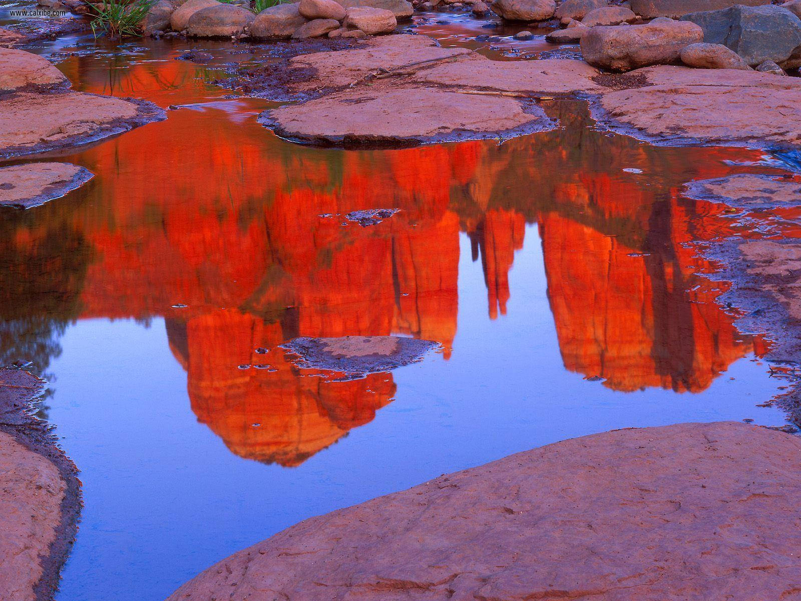 Red Rock, water reflection, dusk, HD Desktop Wallpaper