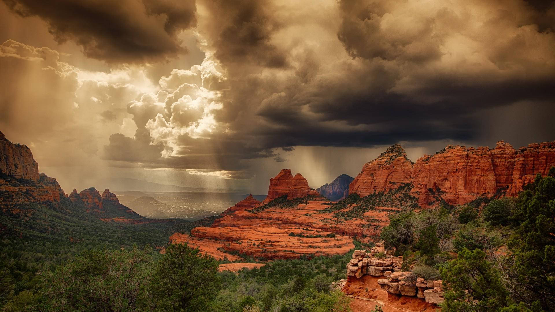 Red Rock Mountains, stormy sky, golden sunbeams, Full HD Desktop Wallpaper