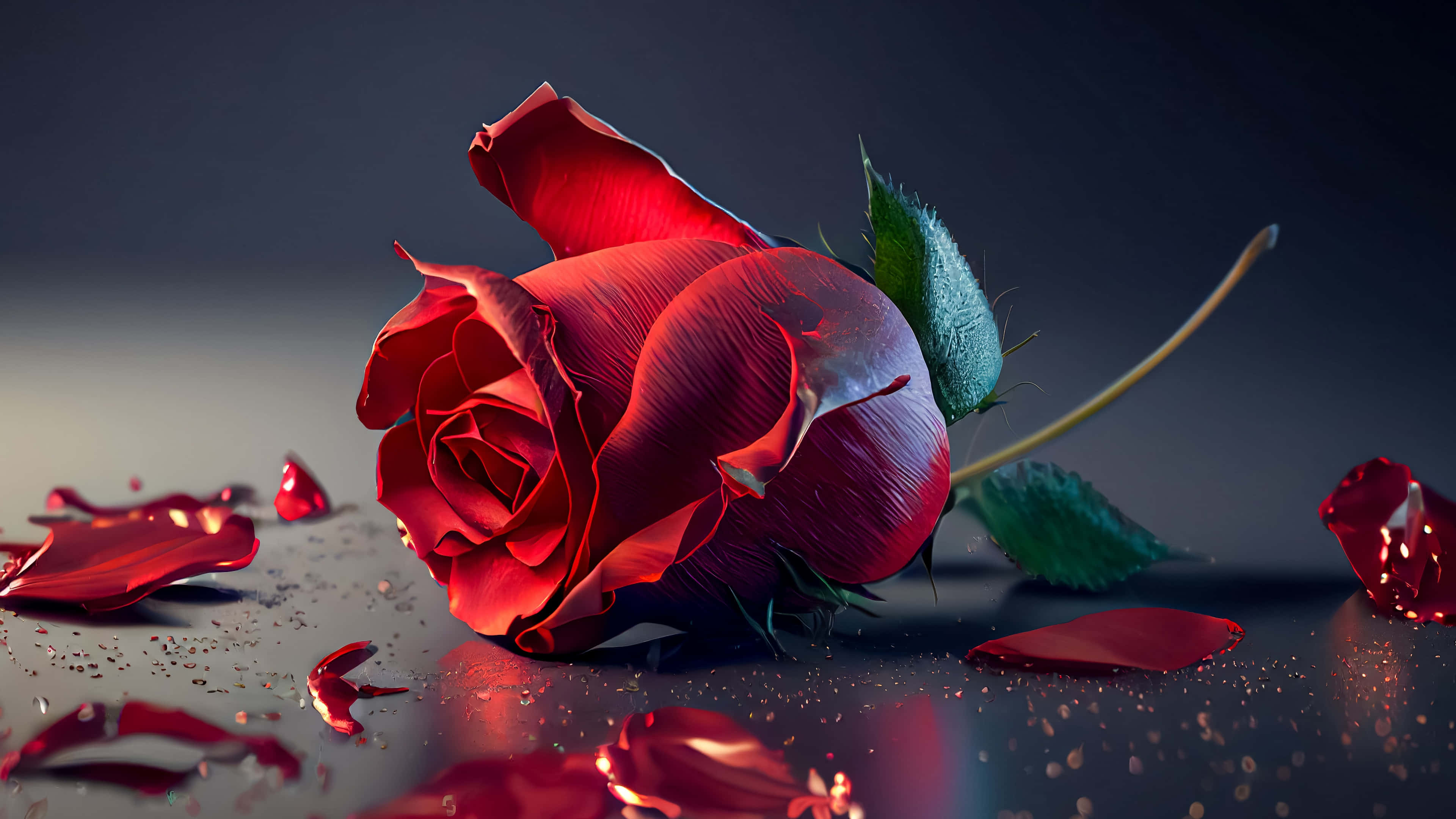 Elegant Red Rose4 K, vibrant red rose, scattered petals, 4K Desktop Wallpaper