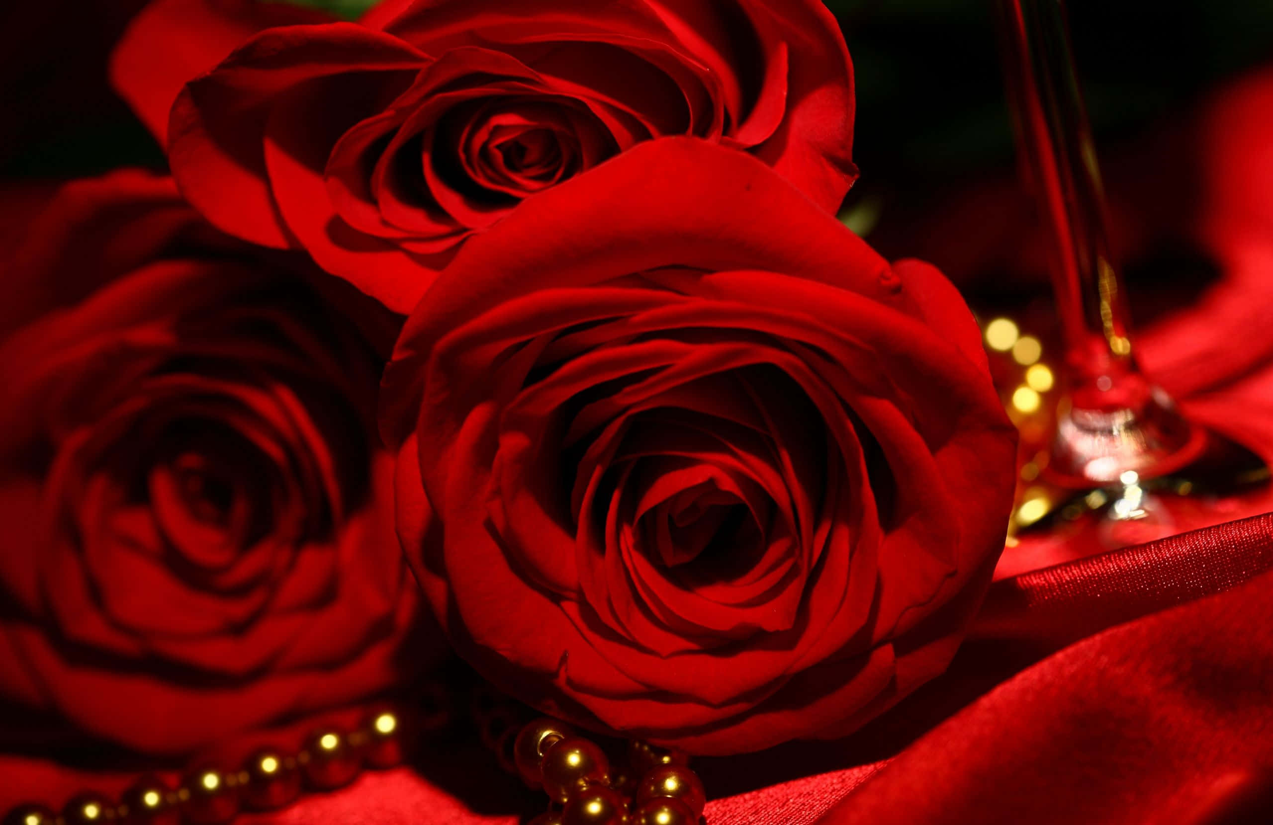 Red Rose Aesthetic, vibrant red roses, wine glass, 2K Desktop Wallpaper