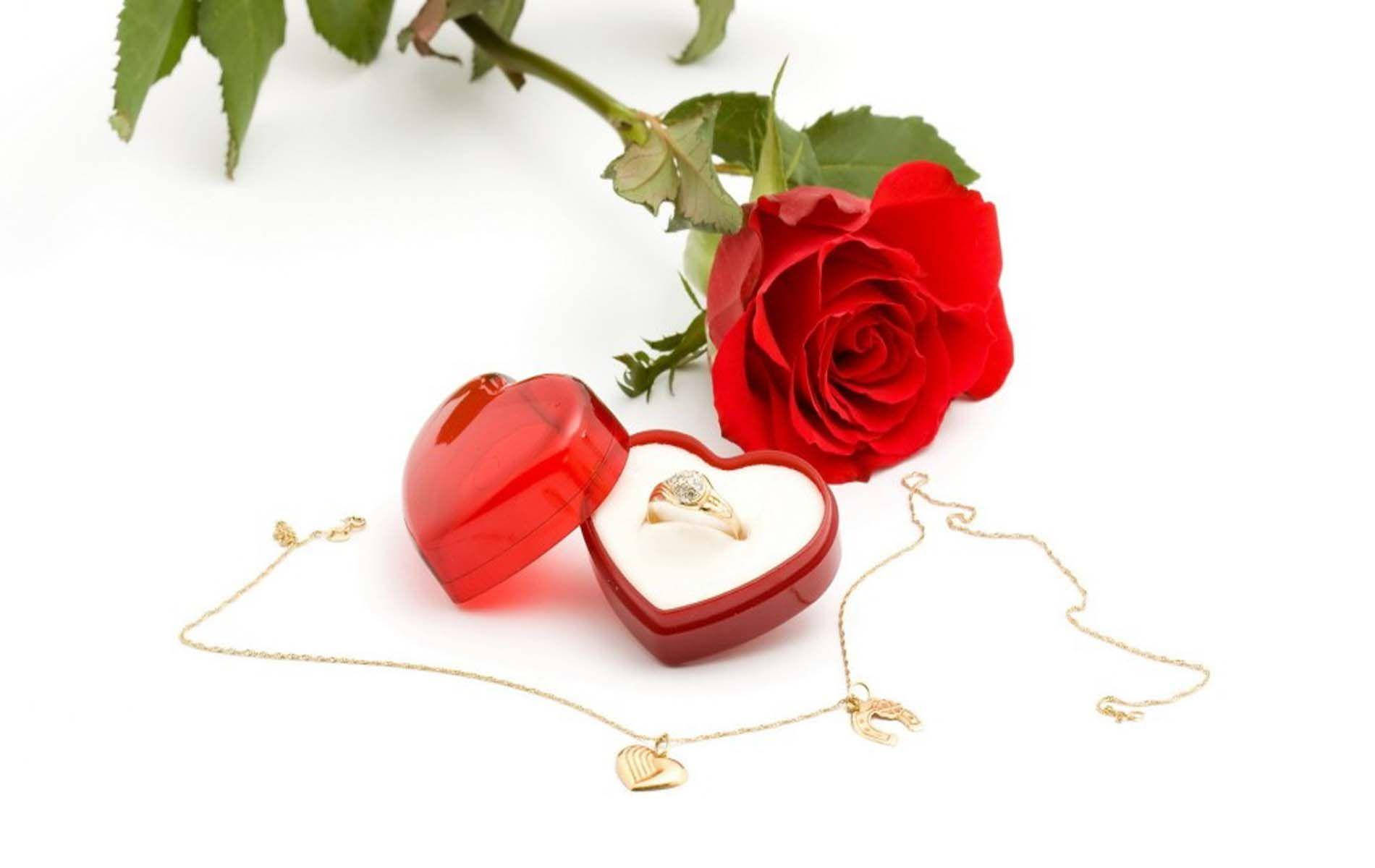 rose gold jewelry, red rose, heart-shaped jewelry box, HD Desktop Wallpaper