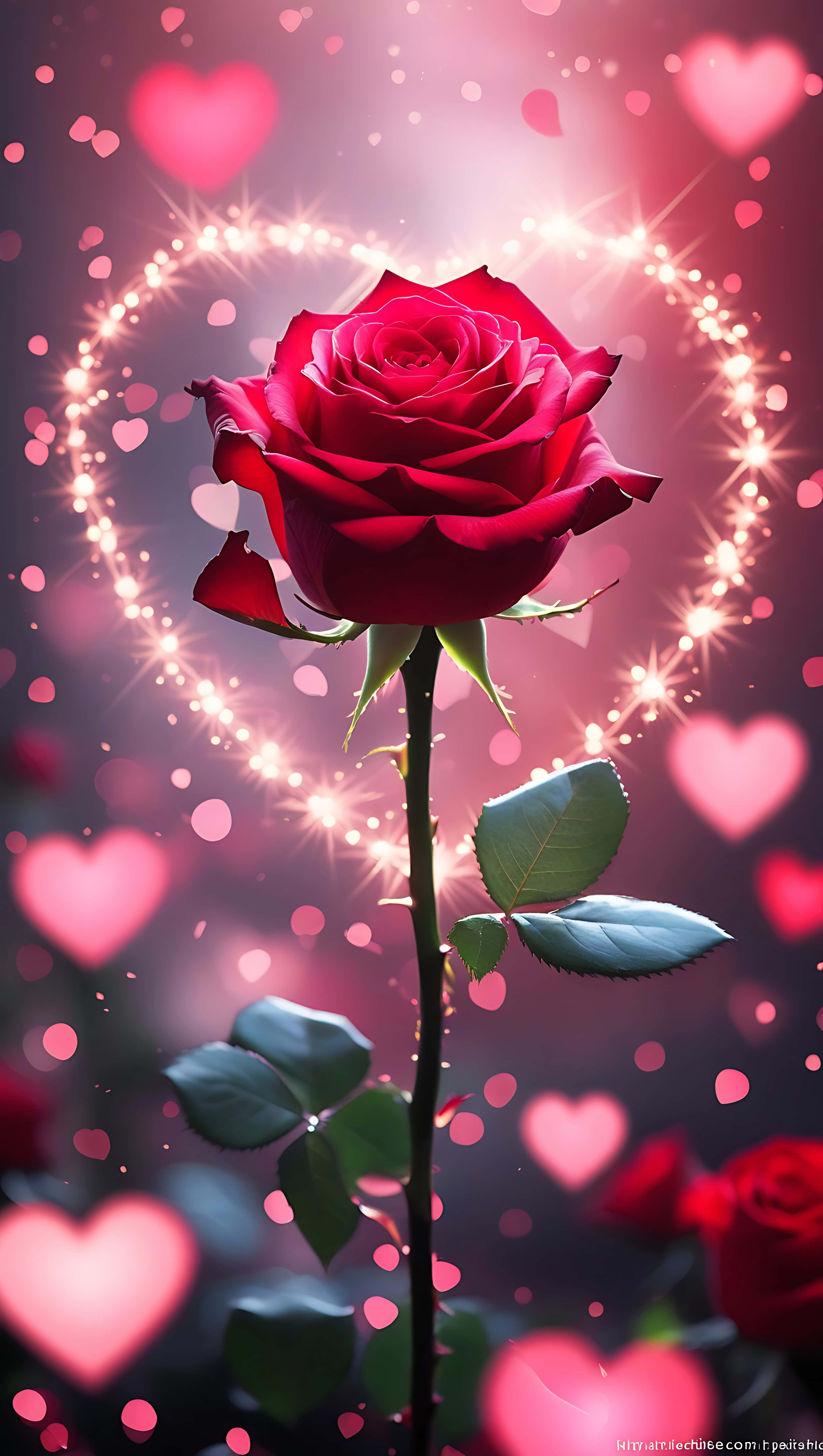 Red Rose, sparkle hearts, glowing hearts, 5K Phone Wallpaper