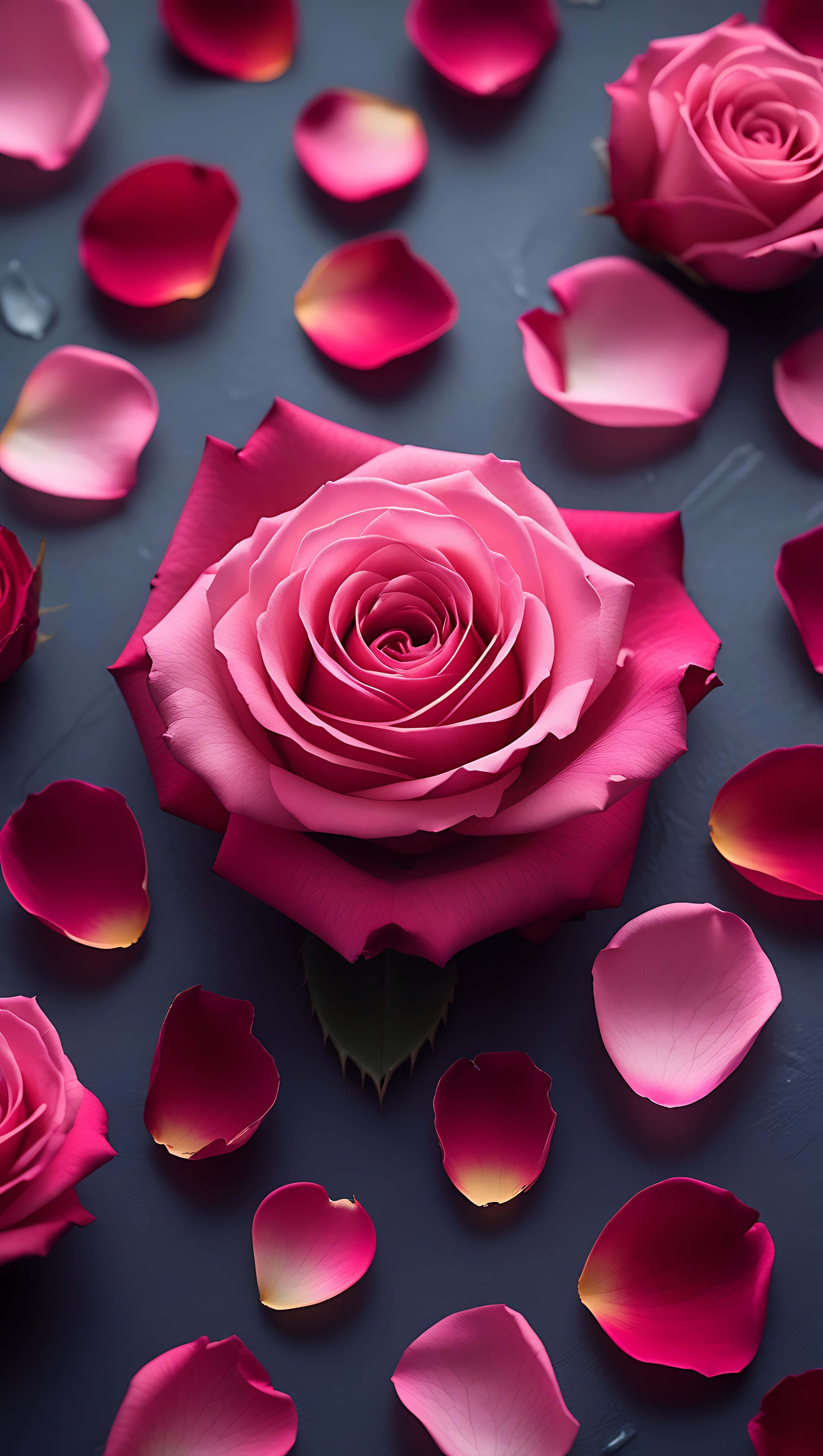 rose petals, vibrant pink rose, dark textured surface, 5K Phone Wallpaper