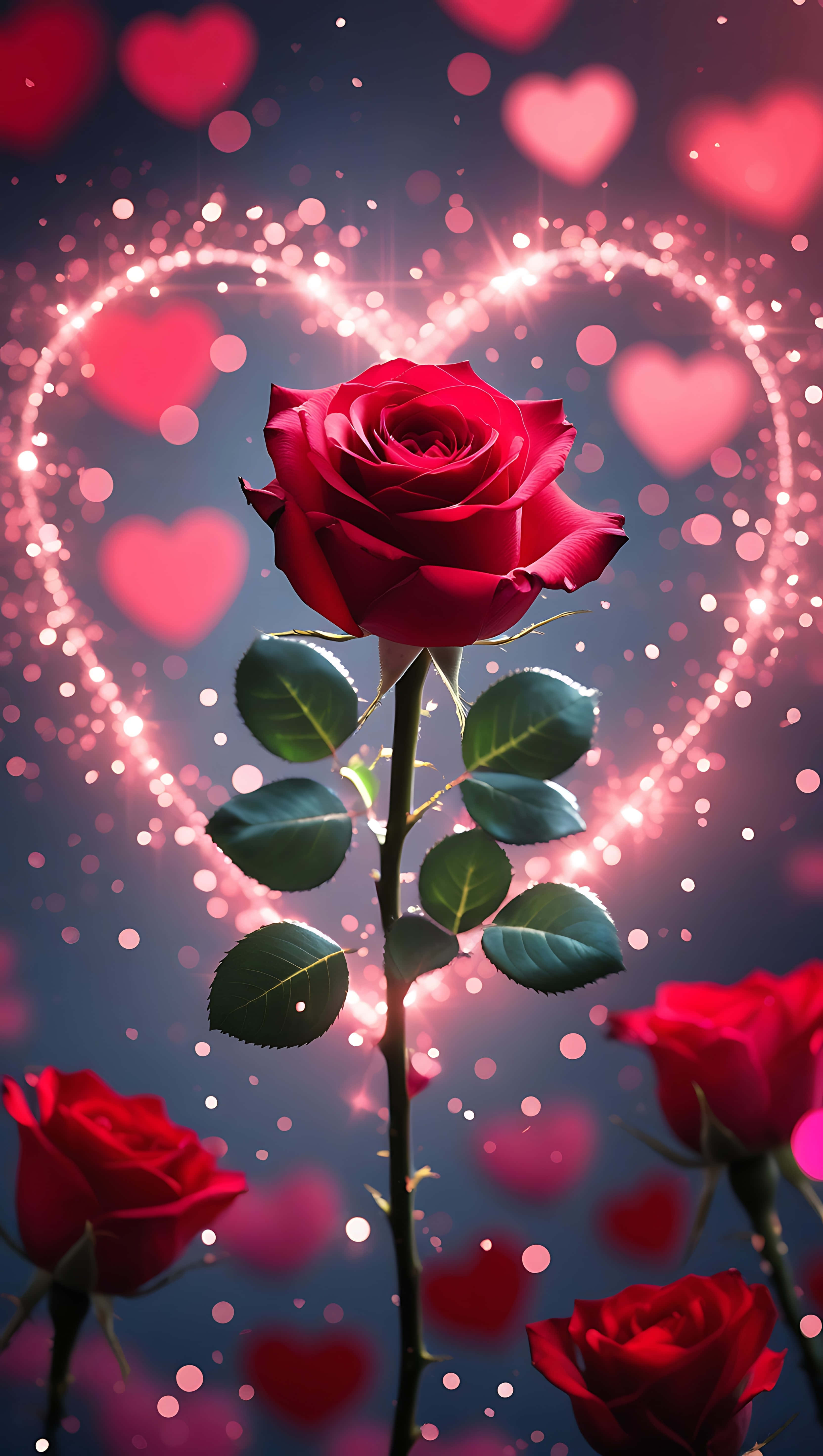 Red Rose, sparkle hearts, glowing hearts, 5K Phone Wallpaper