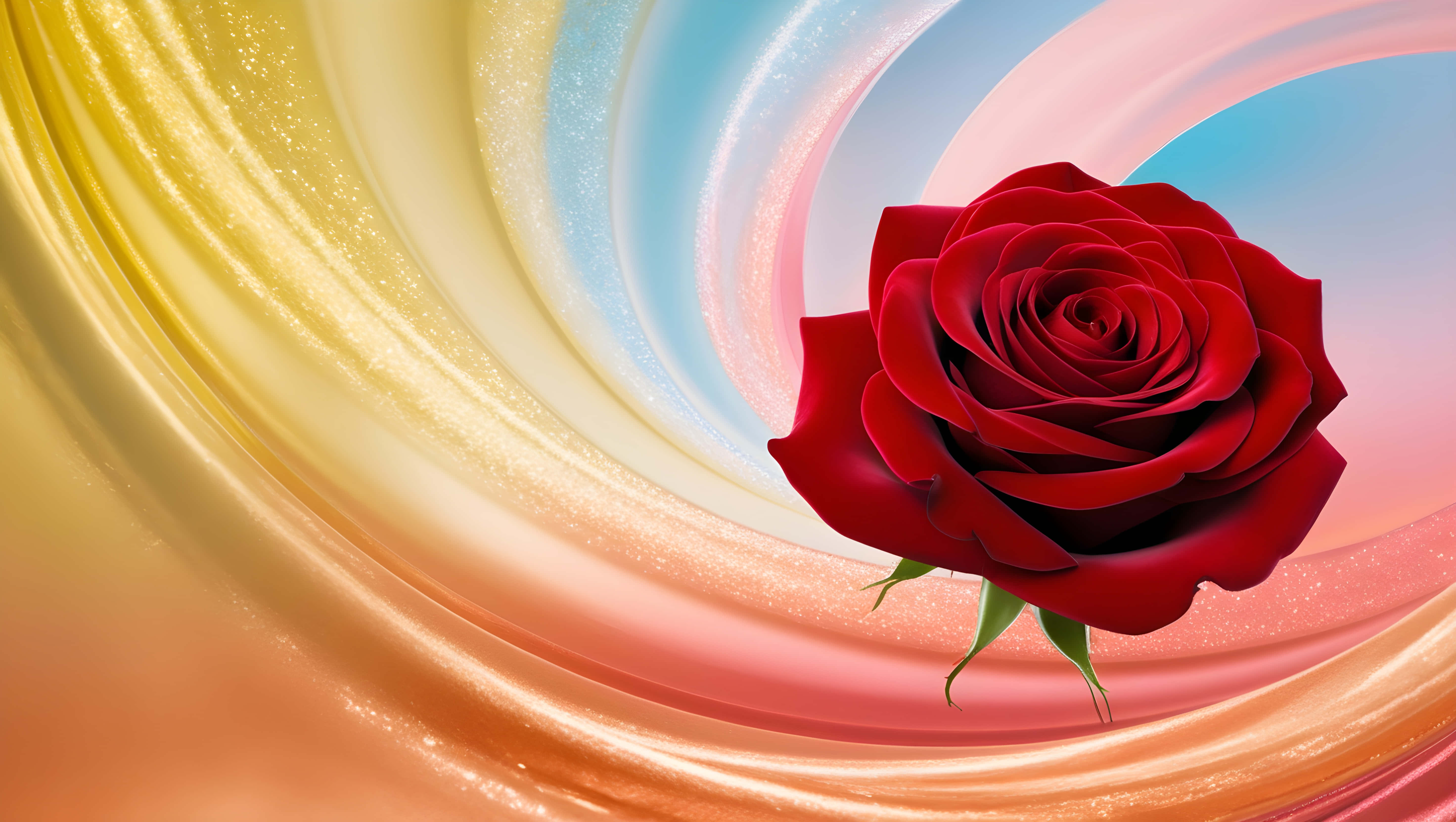 Red Rose, golden blue, pink ribbons, 5K Desktop Wallpaper