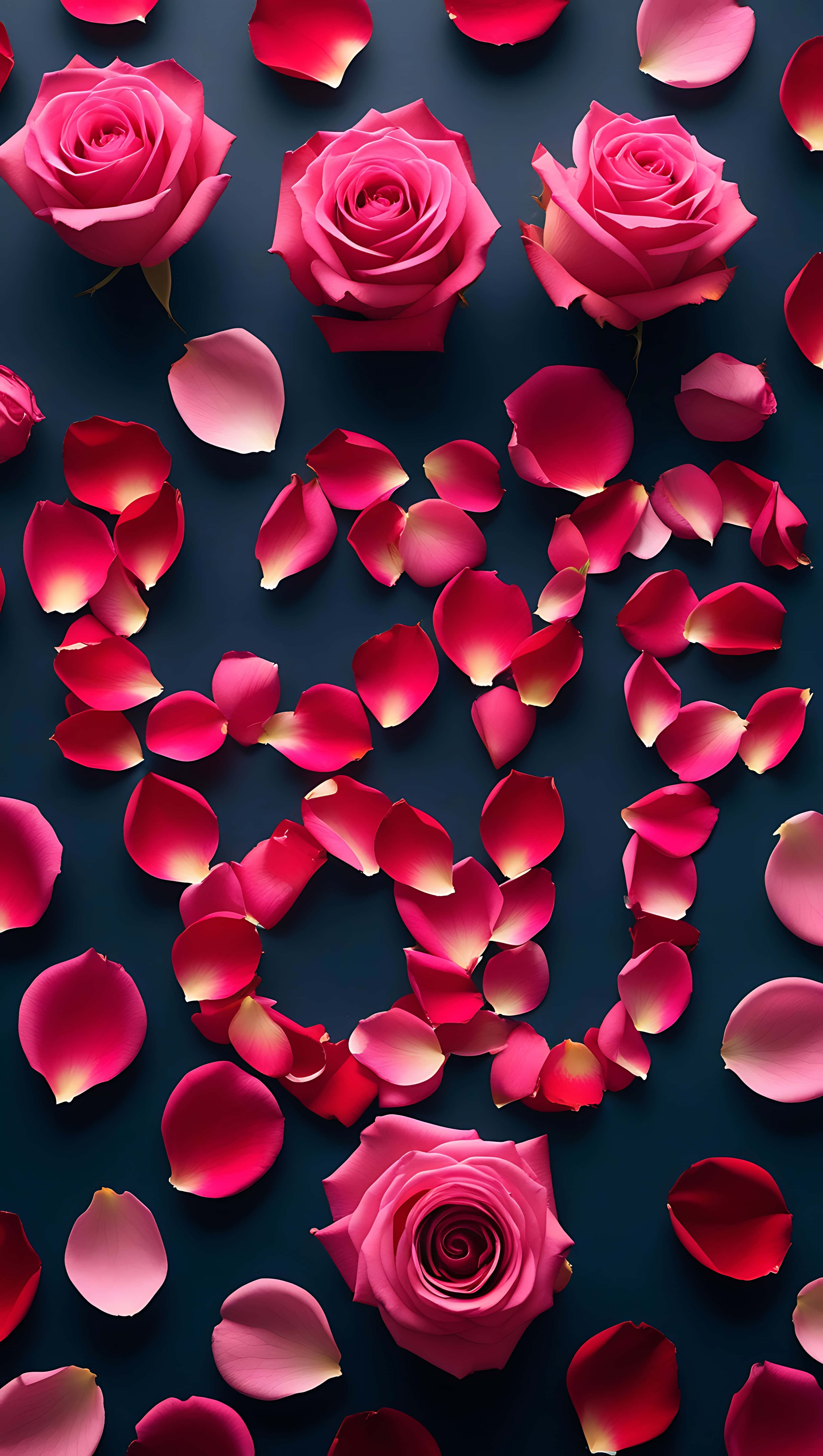 rose petals, heart shape, vibrant pink roses, 5K Phone Wallpaper