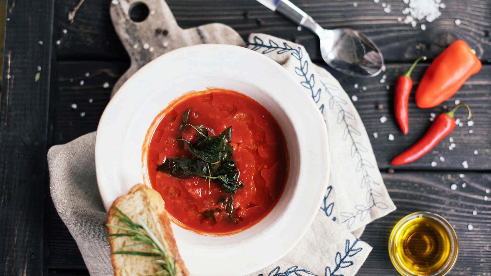 Red Sauce, white bowl, dark wooden table, Full HD Desktop Wallpaper