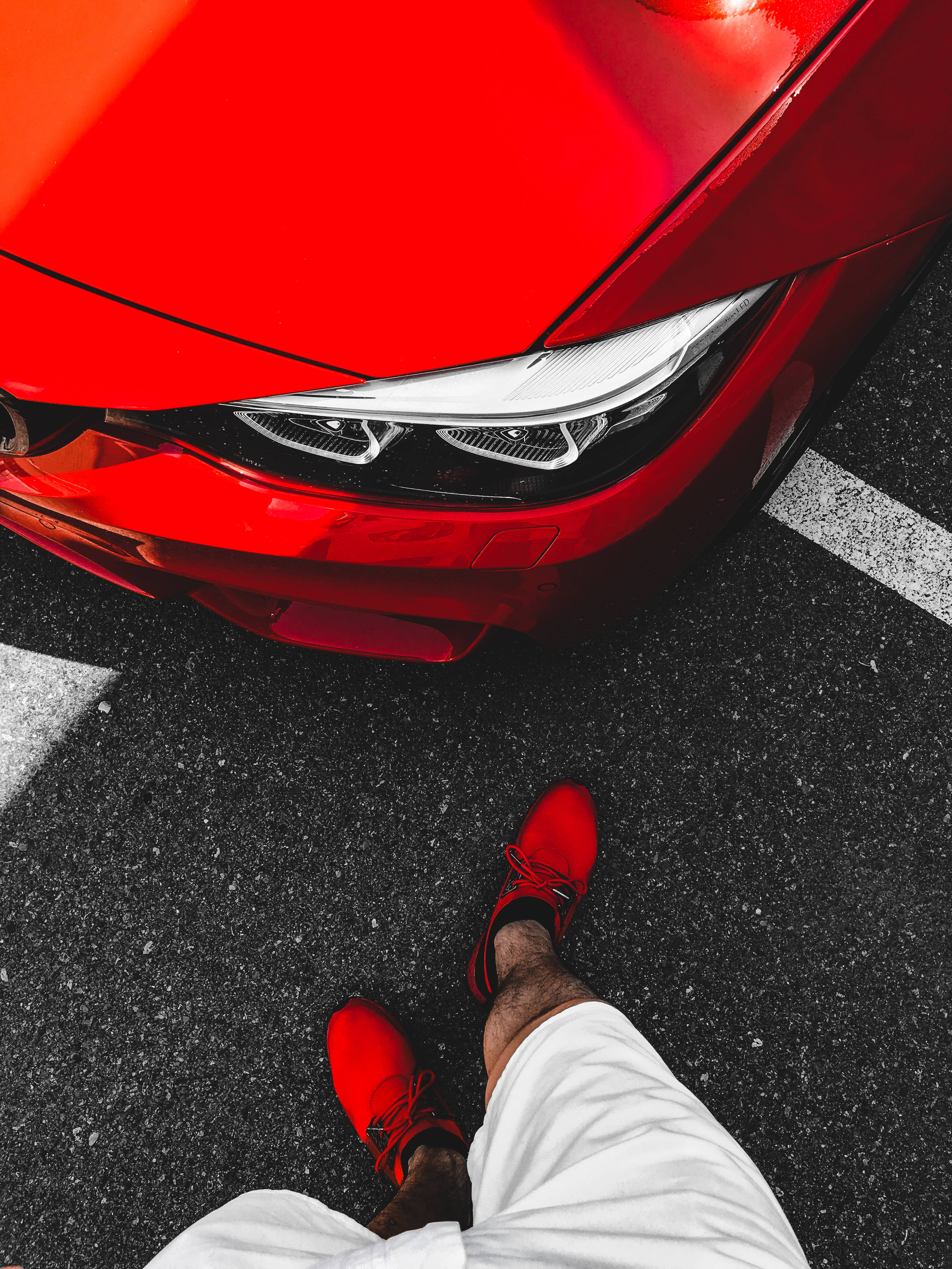 red shoes, glossy red car, asphalt, 4K Phone Wallpaper