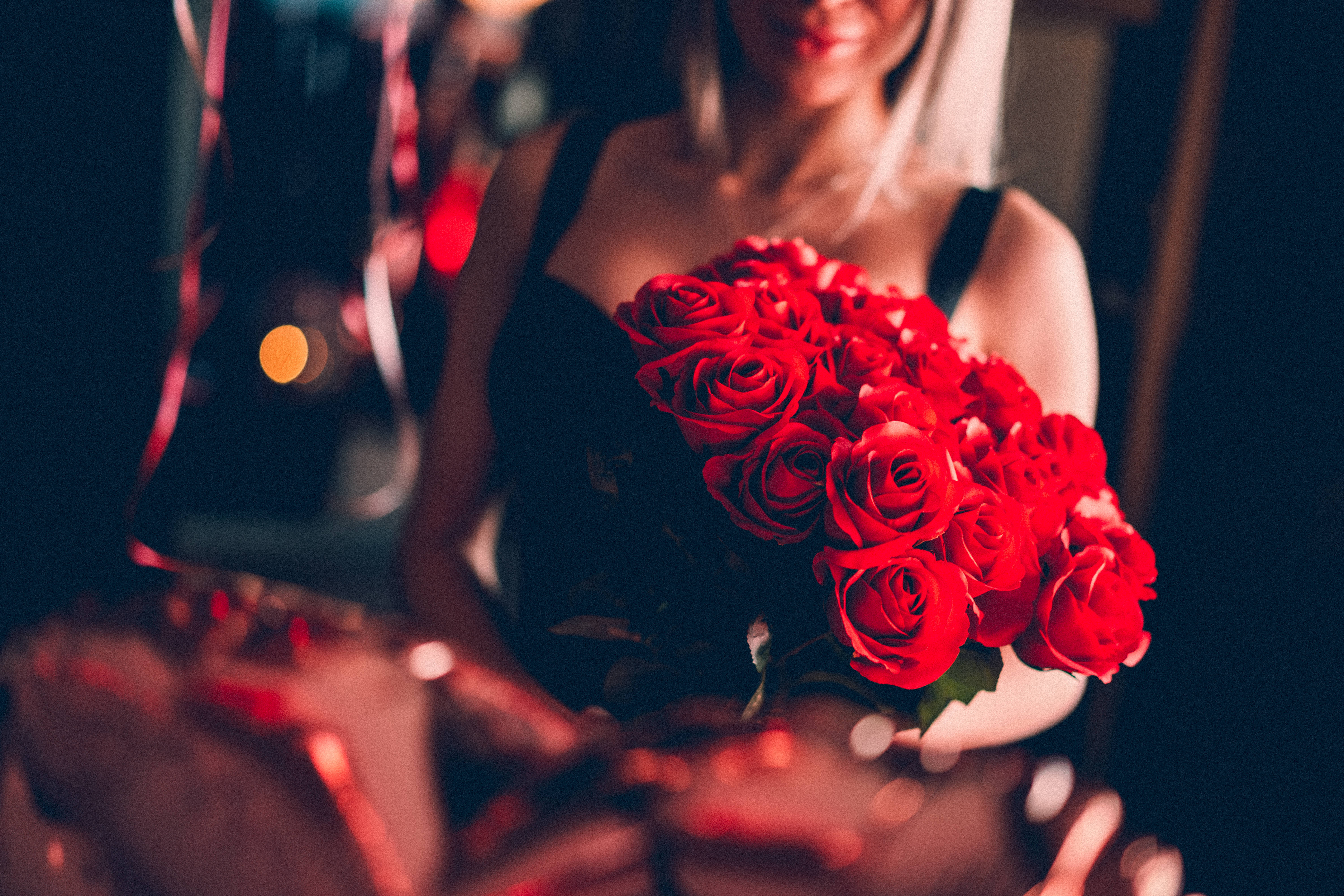 woman, black dress, vibrant bouquet of red roses, 5K Desktop Wallpaper