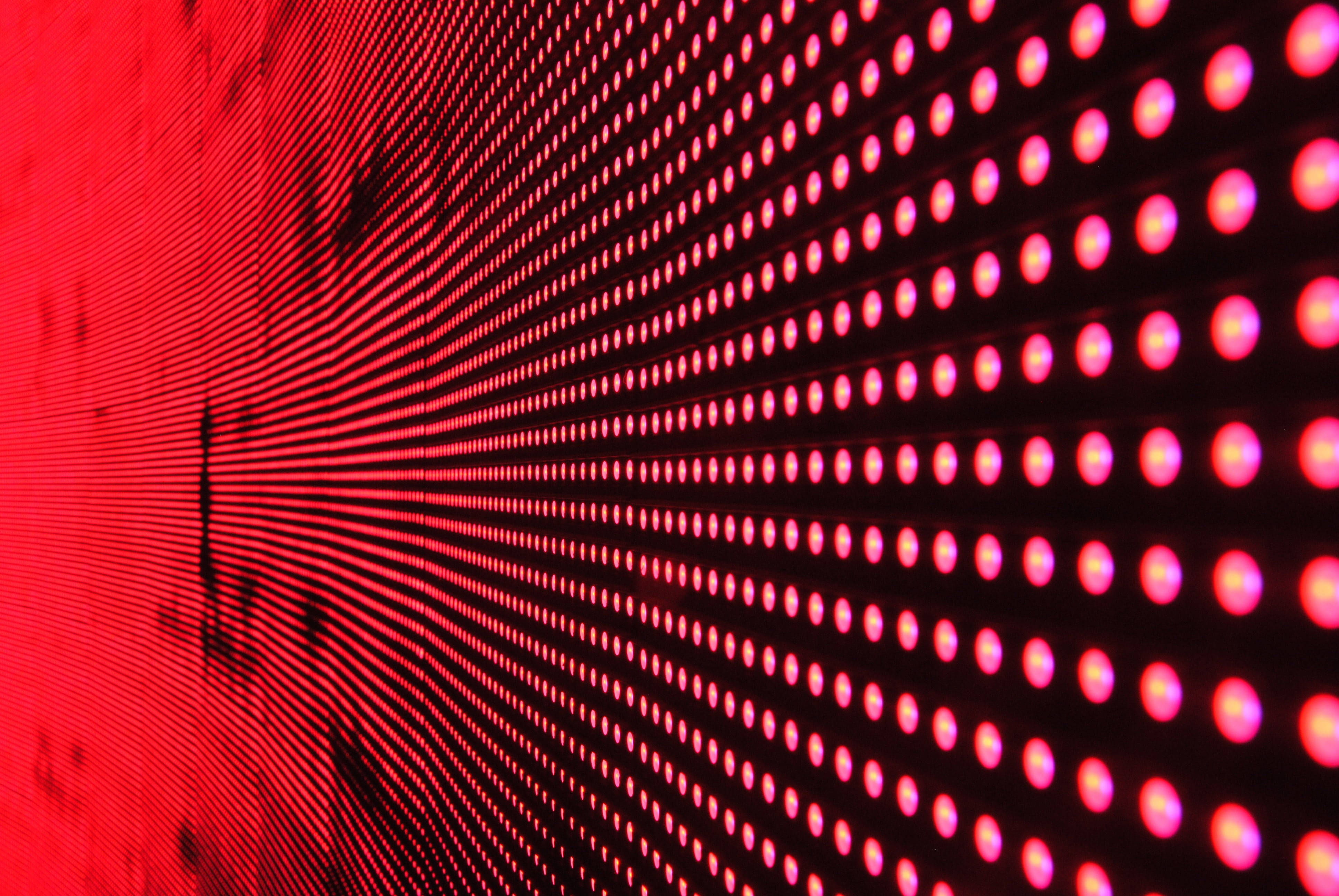bright red led screen, red LED grid, dark background, 4K Desktop Wallpaper