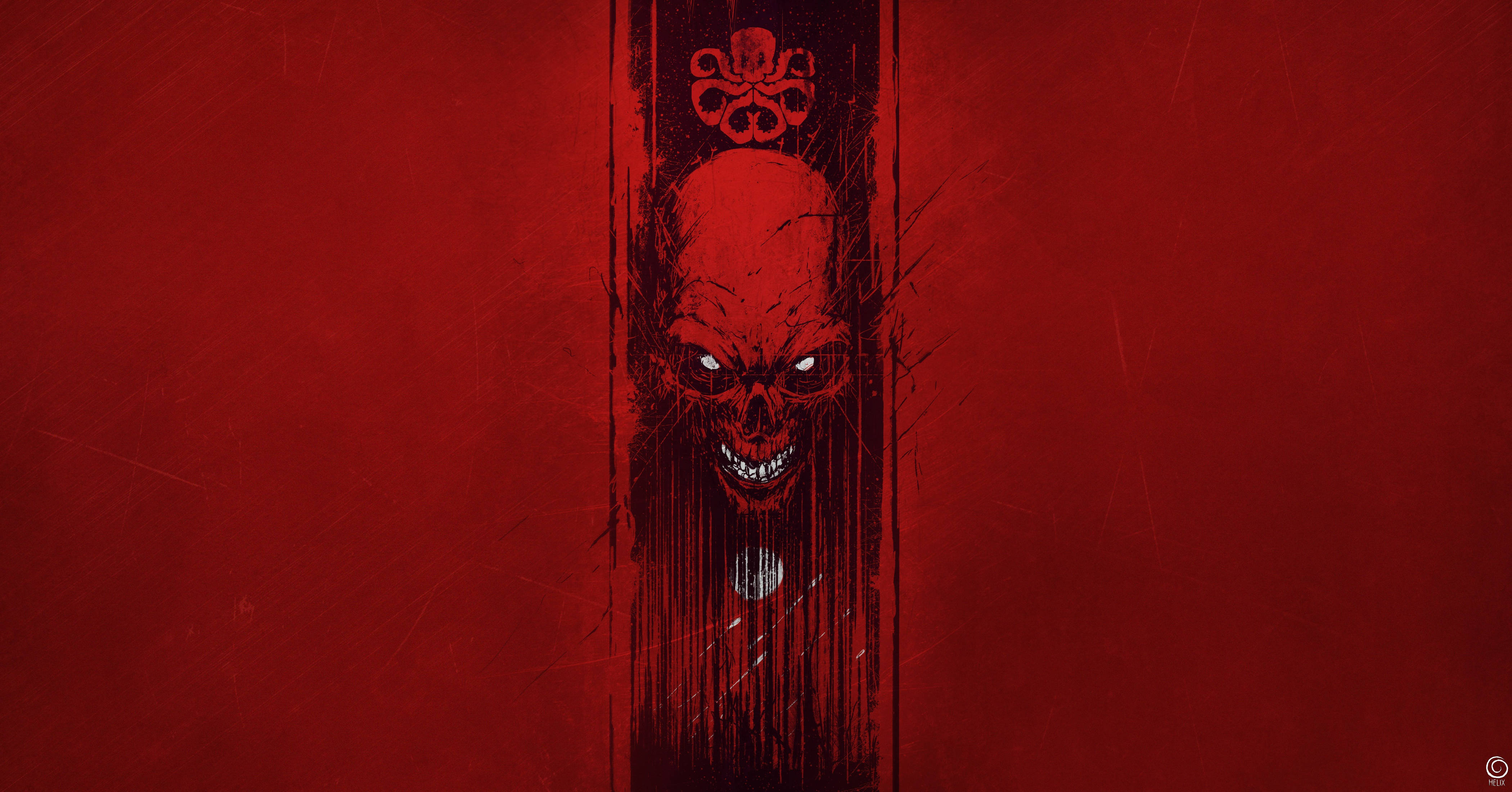 Red Skull, glowing eyes, cracked vertical panel, 4K Desktop Wallpaper