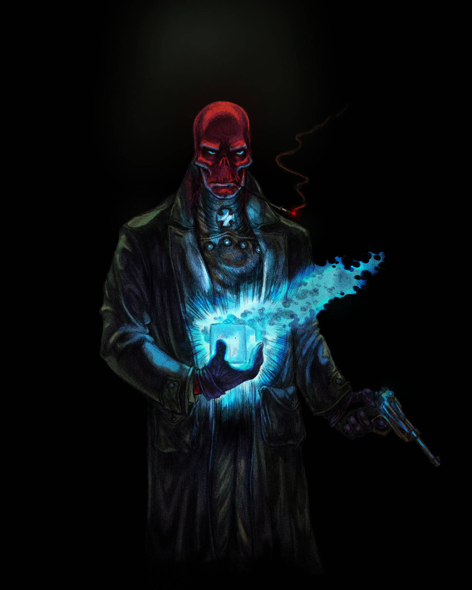 Red Skull, glowing blue cube, dark coat, Full HD Phone Wallpaper