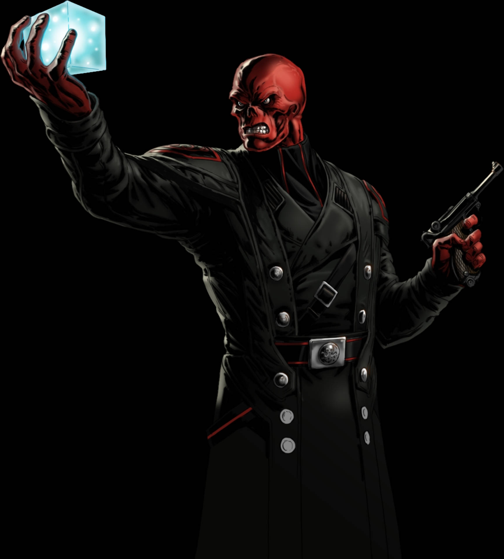 Red Skull, glowing blue cube, black uniform, Full HD Phone Wallpaper