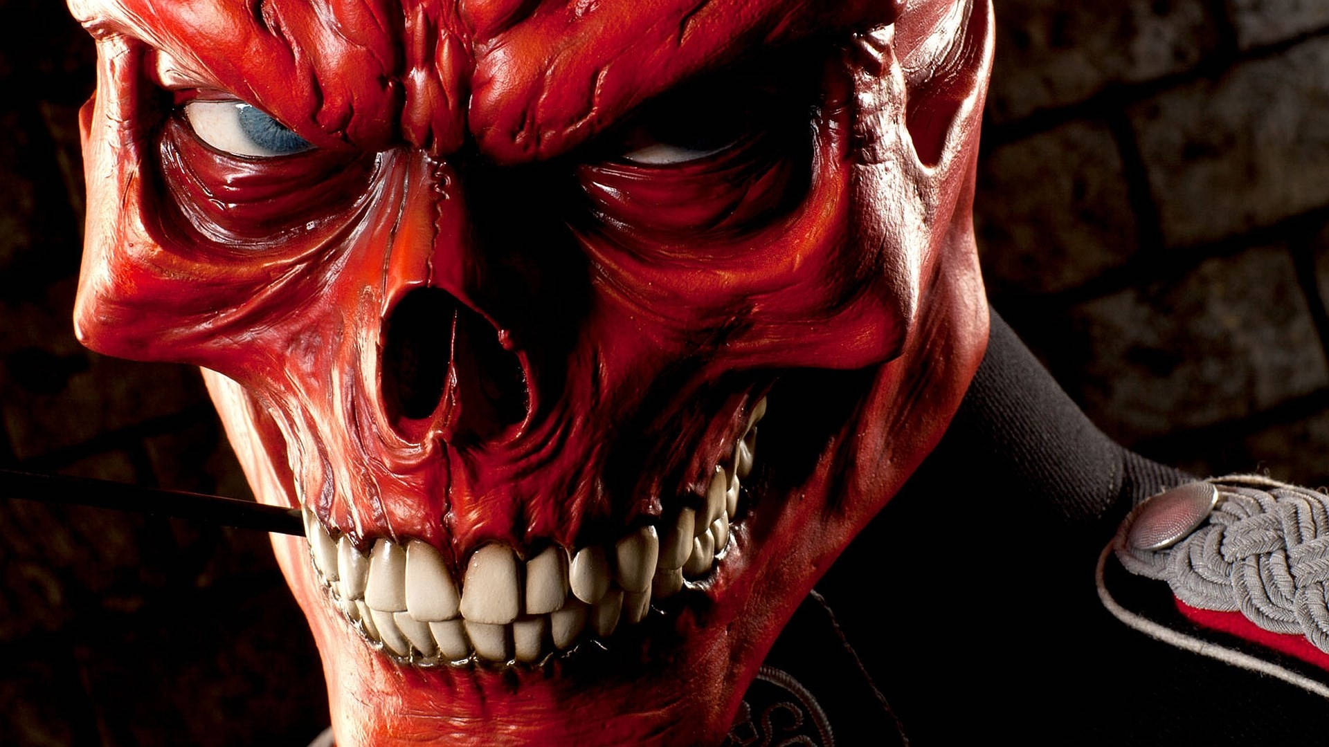 Red Skull, glowing blue eyes, sharp teeth, Full HD Desktop Wallpaper