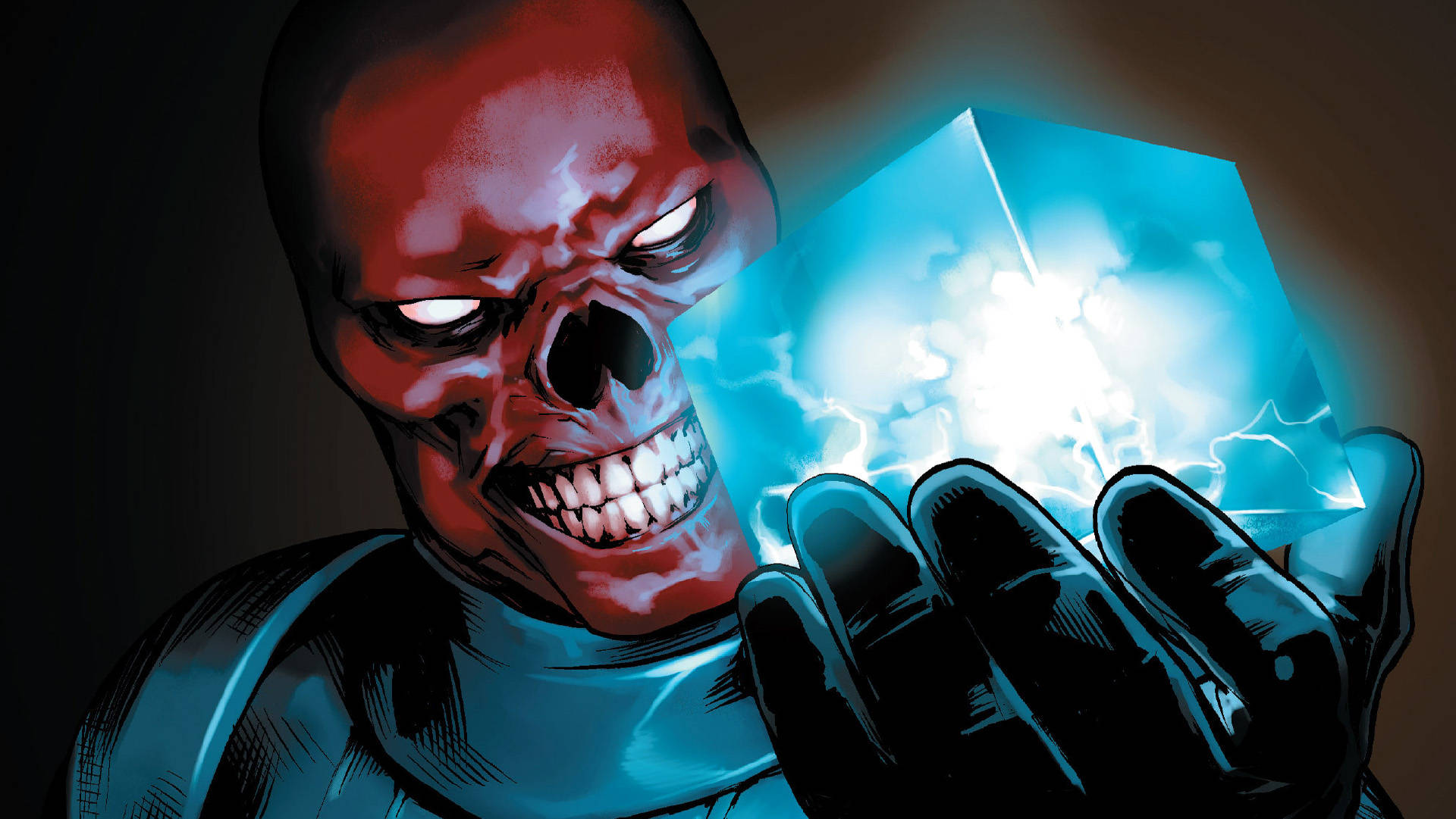 Red Skull, blue tesseract, glowing eyes, Full HD Desktop Wallpaper
