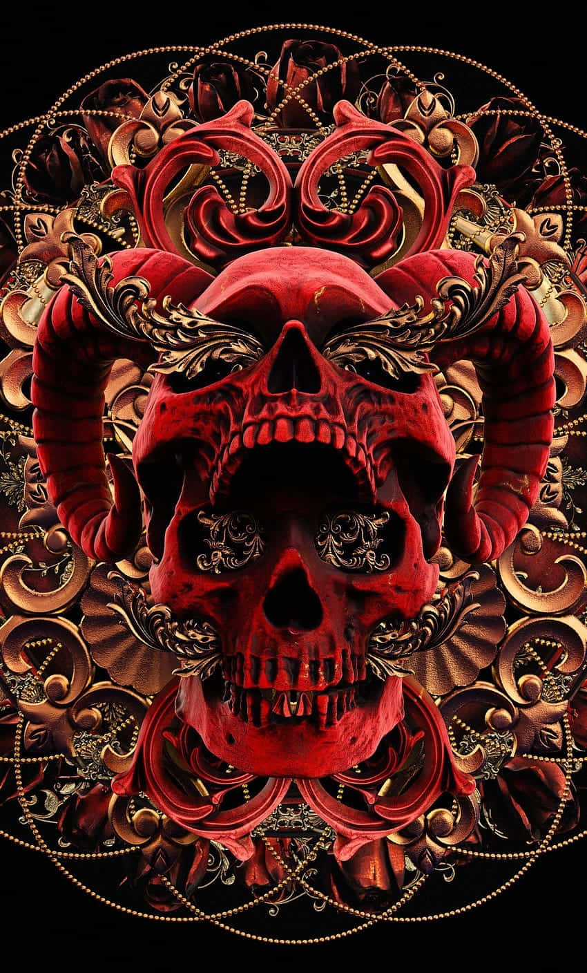 Red Skull, baroque artwork, gold filigree, HD Phone Wallpaper