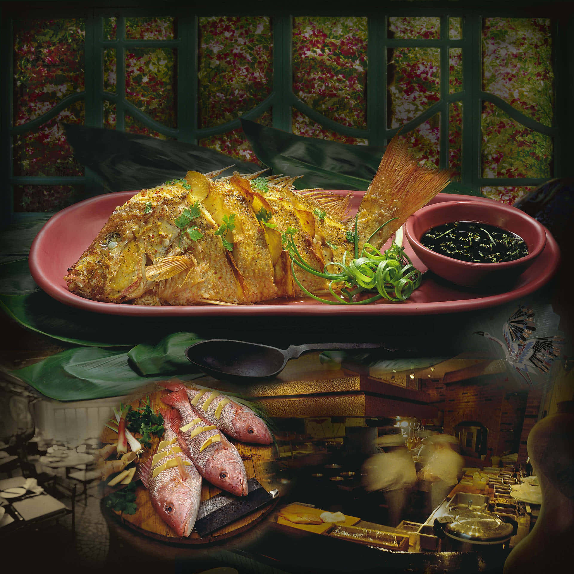 Red Snapper, golden-brown fried fish, green onions and herbs, Full HD Desktop Wallpaper